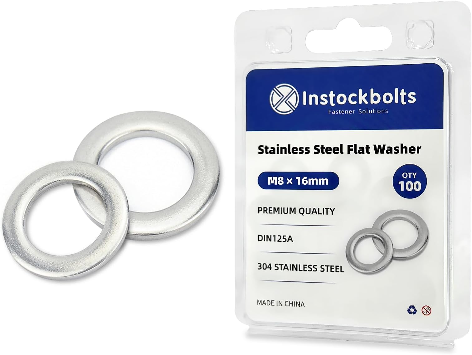 Instockbolt M8 x 16mm OD Flat Washer, 18-8 (304) Stainless Steel Washers Flat, 100PCS