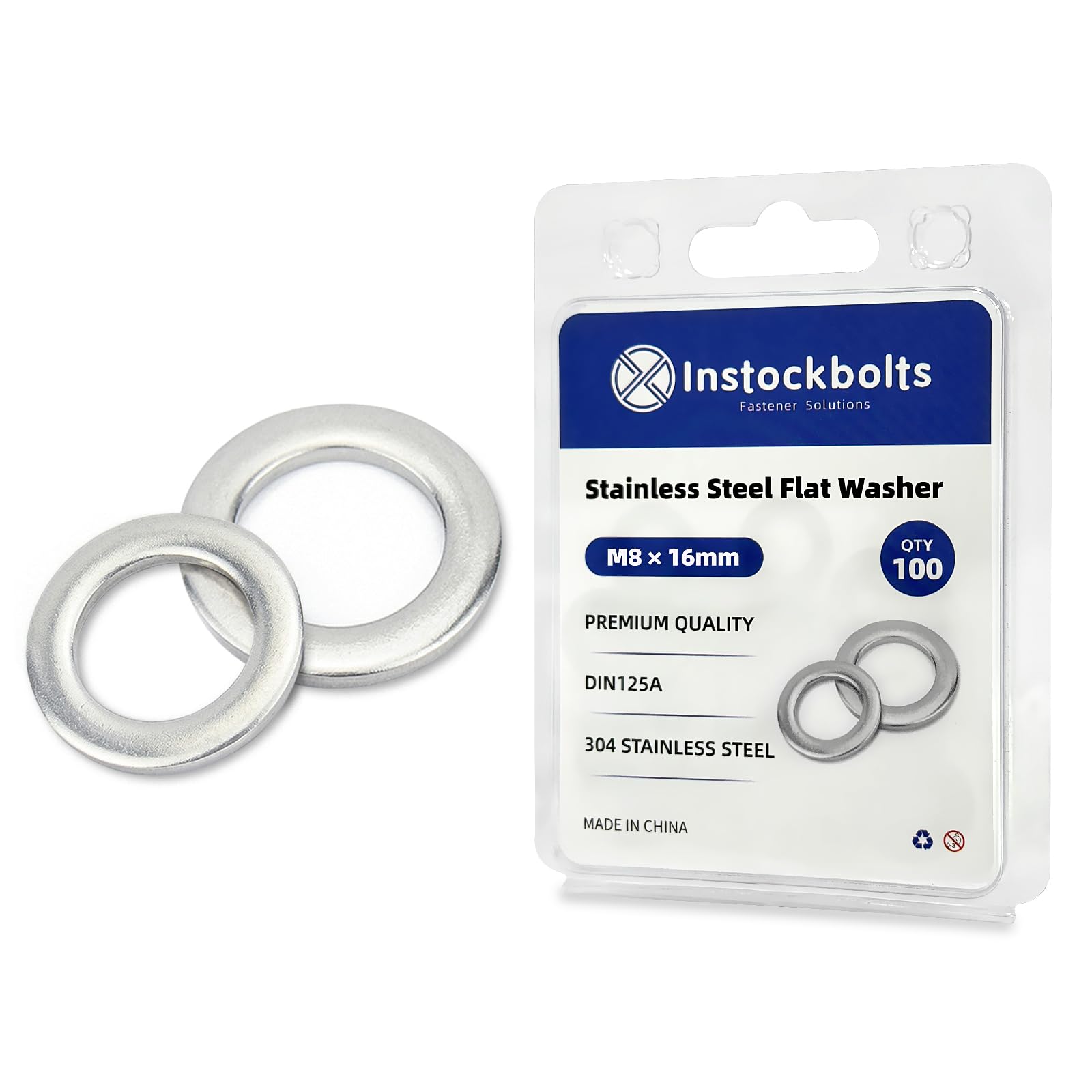 Instockbolt M8 x 16mm OD Flat Washer, 18-8 (304) Stainless Steel Washers Flat, 100PCS