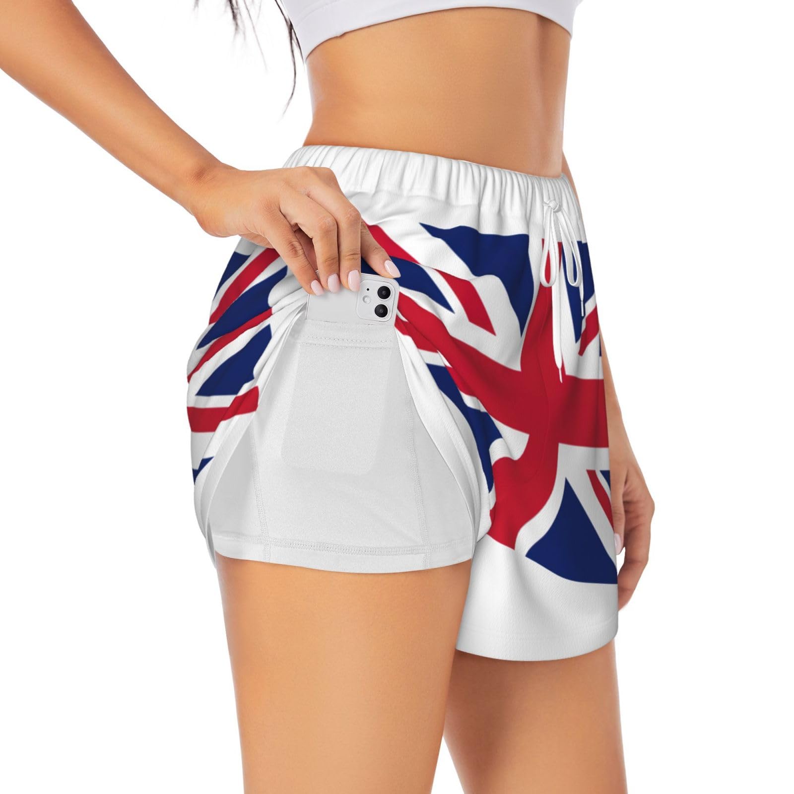 Kashinn Women's White Athletic Shorts Double-Layer Running Yoga Sportswear Workout Leisure Summer British Flag Print, Medium