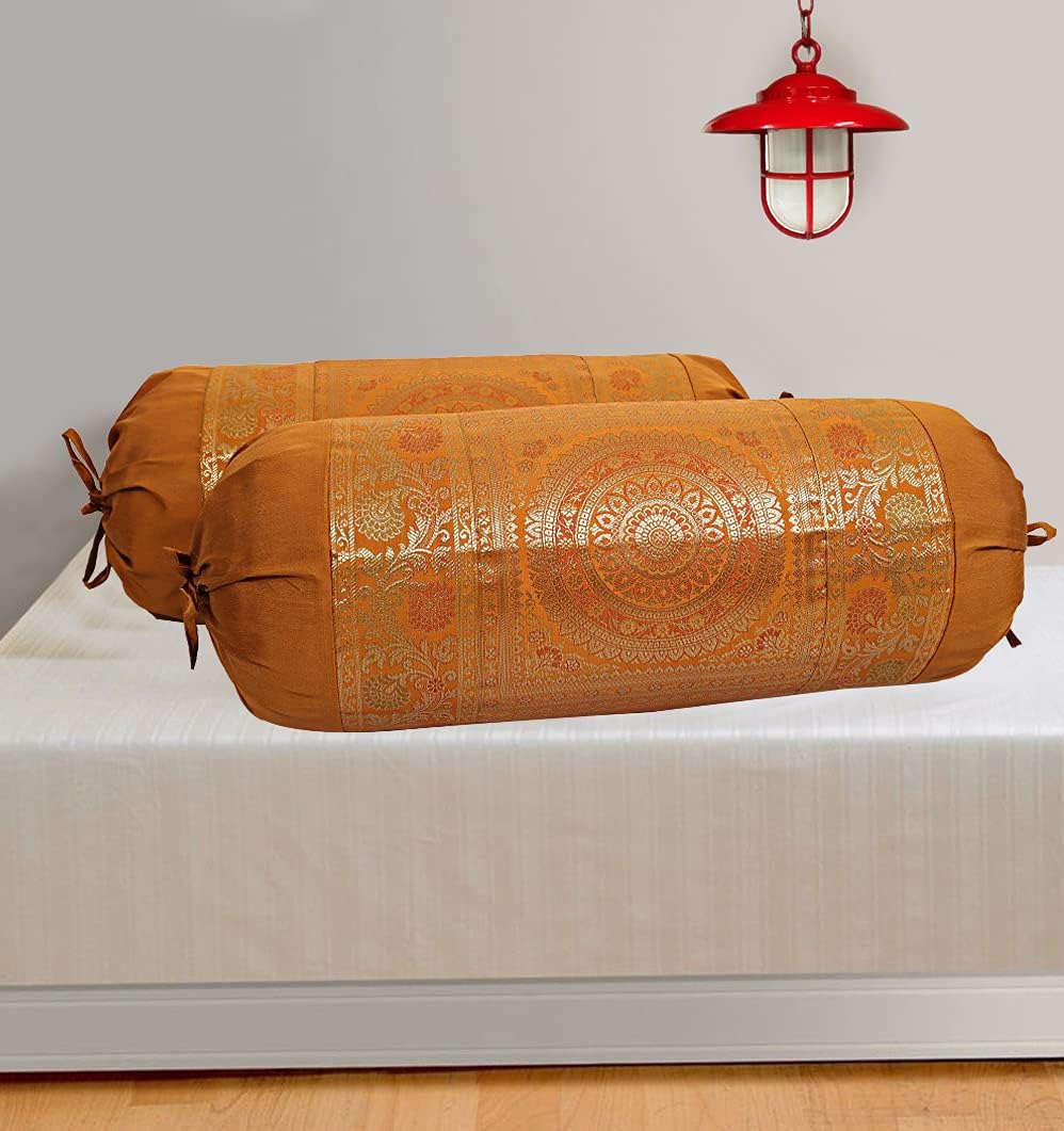 Ethnic Jacquard Brocade Silk Bolster Sofa Pillow Covers Cylindrical Hotdog Brown Yoga Massand Living Room Decorative Mandala Traditional Throw Pillowcase 76x38 cm - Set of 2 Pcs