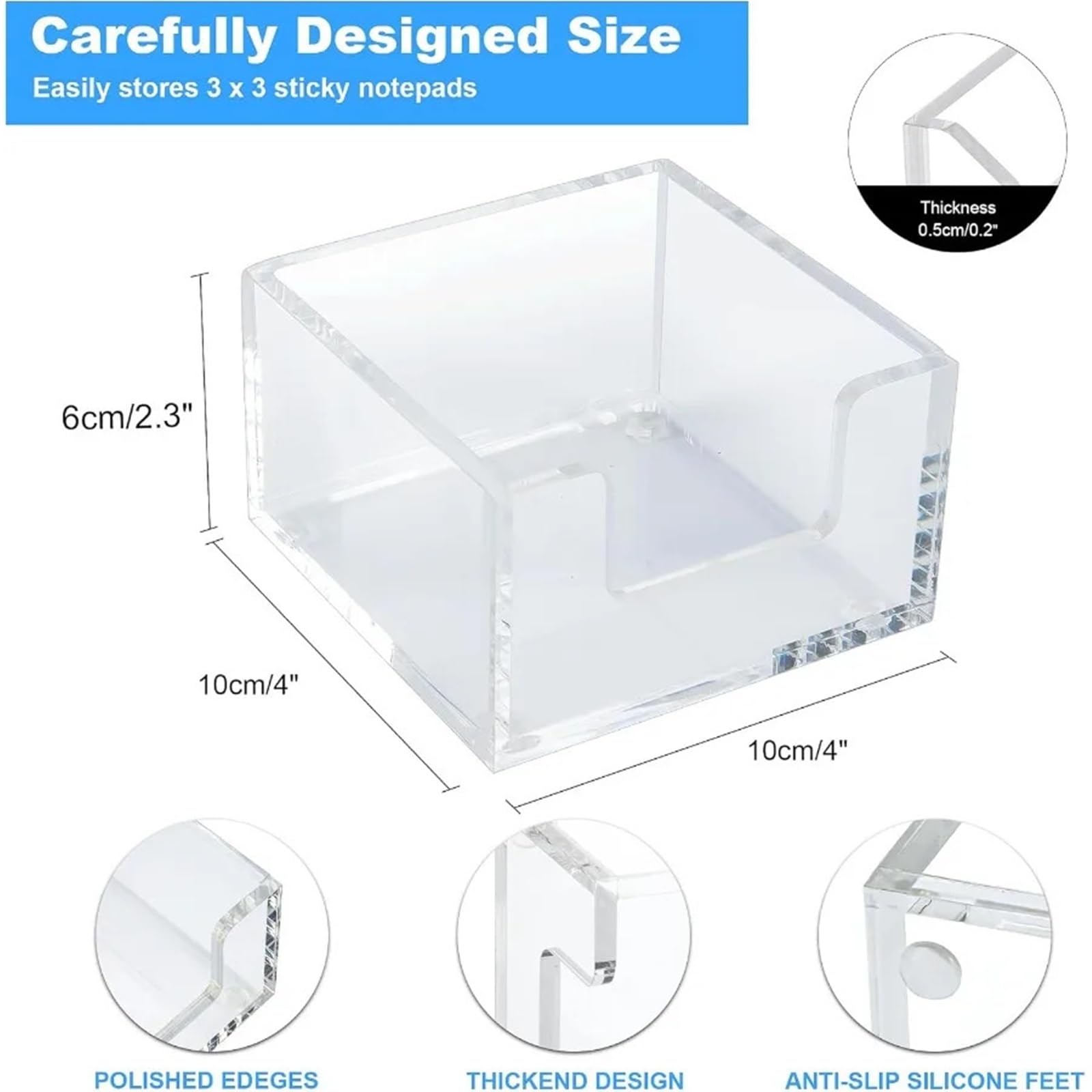 Support pour notes adhésives en acrylique transparent 9 x 9 x 5 cm pour l'organisation de bureau, maison, distributeur de notes pop