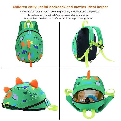 Miniatura 4 de DB Mochila de dinosaurio para niños pequeños con correa, bolsa de arnés para bebés para niños (verde)