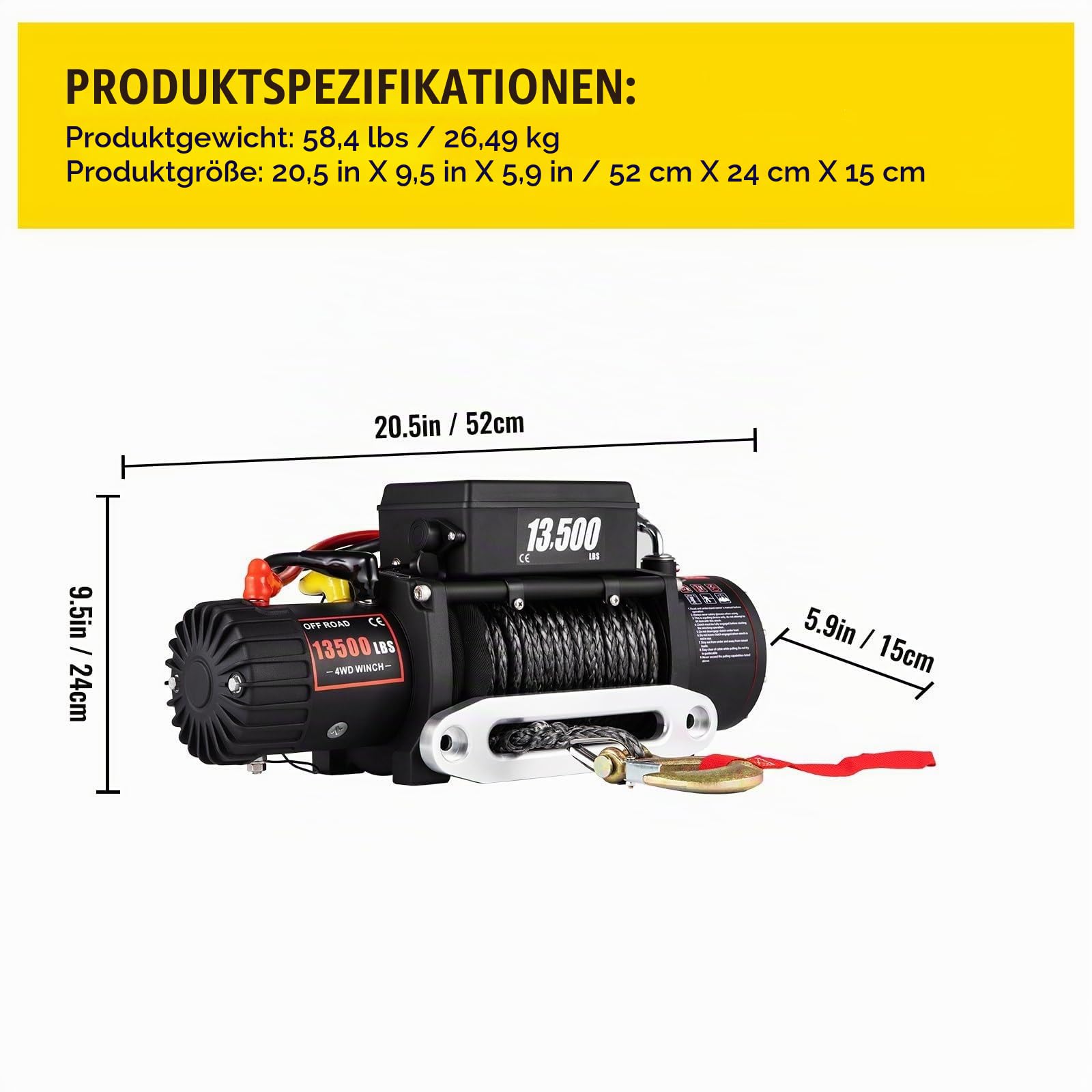 Elektrische Seilwinde 12V 6123 kg/13500 lbs Motorwinde mit 24 m Synthetisches Seil und Drahtlose Fernbedienung, Elektrowinde für Quad Jeep SUV Anhänger Boot