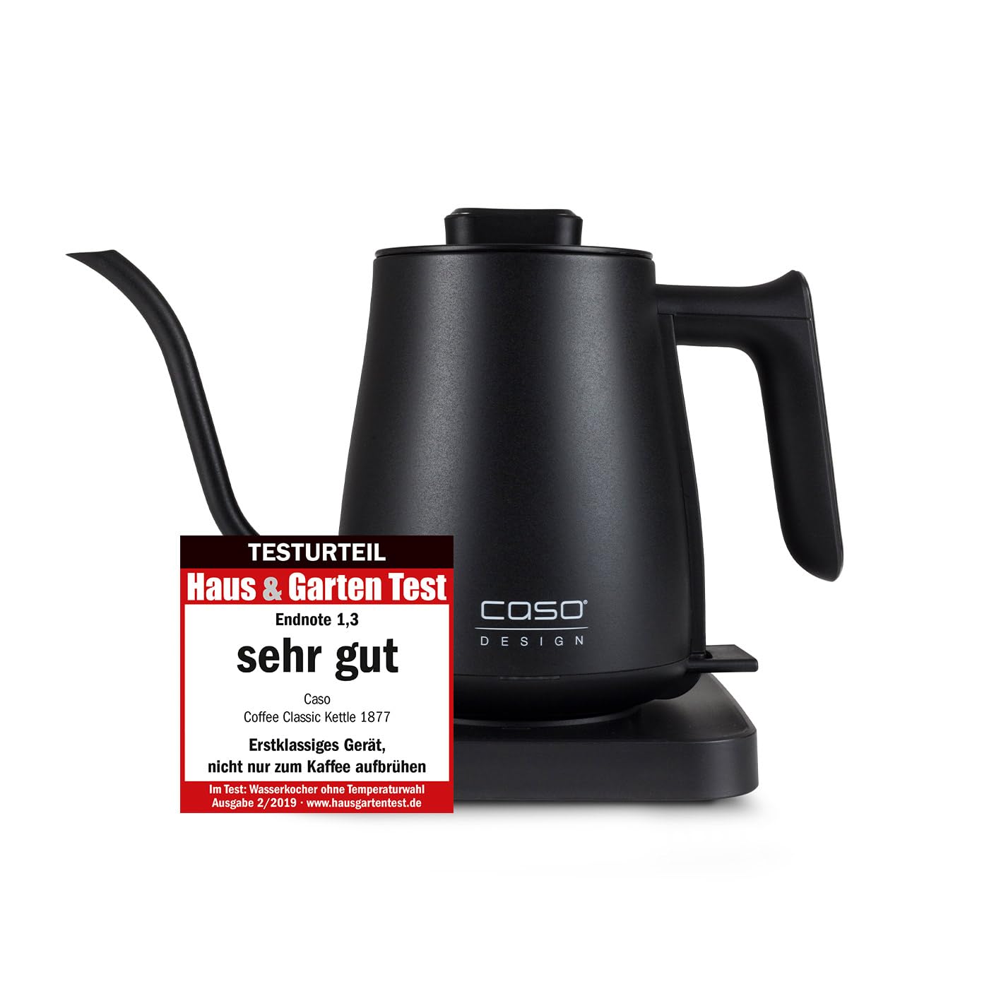 CASO Coffee Classic Kettle czajnik elektryczny, wysokiej jakości matowy czarny design z zakrzywionym dziobkiem wody, wnętrze ze stali nierdzewnej, idealny do parzenia kawy i herbaty