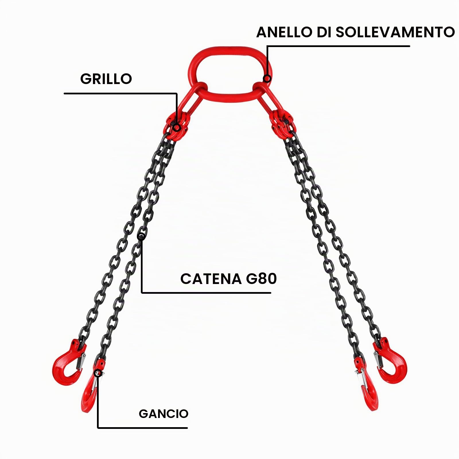 Happybuy Catena di sollevamento da 8 mm con ganci, 4 gambe, catena di sollevamento da 1,5 m, con gru accorciabile, 1999 kg / 5T