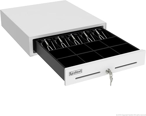 Epsilont - Cajón de efectivo de acero recubierto de polvo con rodamientos de rodillos, compartimientos para 5 billetes y 8 monedas con doble ranura,