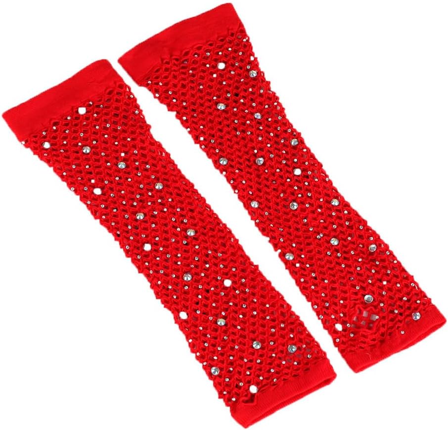 Long Fishnet Fingerless Gloves 80’s Theme Party with Rhinestones Mesh Gloves for Women Girls Cosplay, Performance. - Image 3