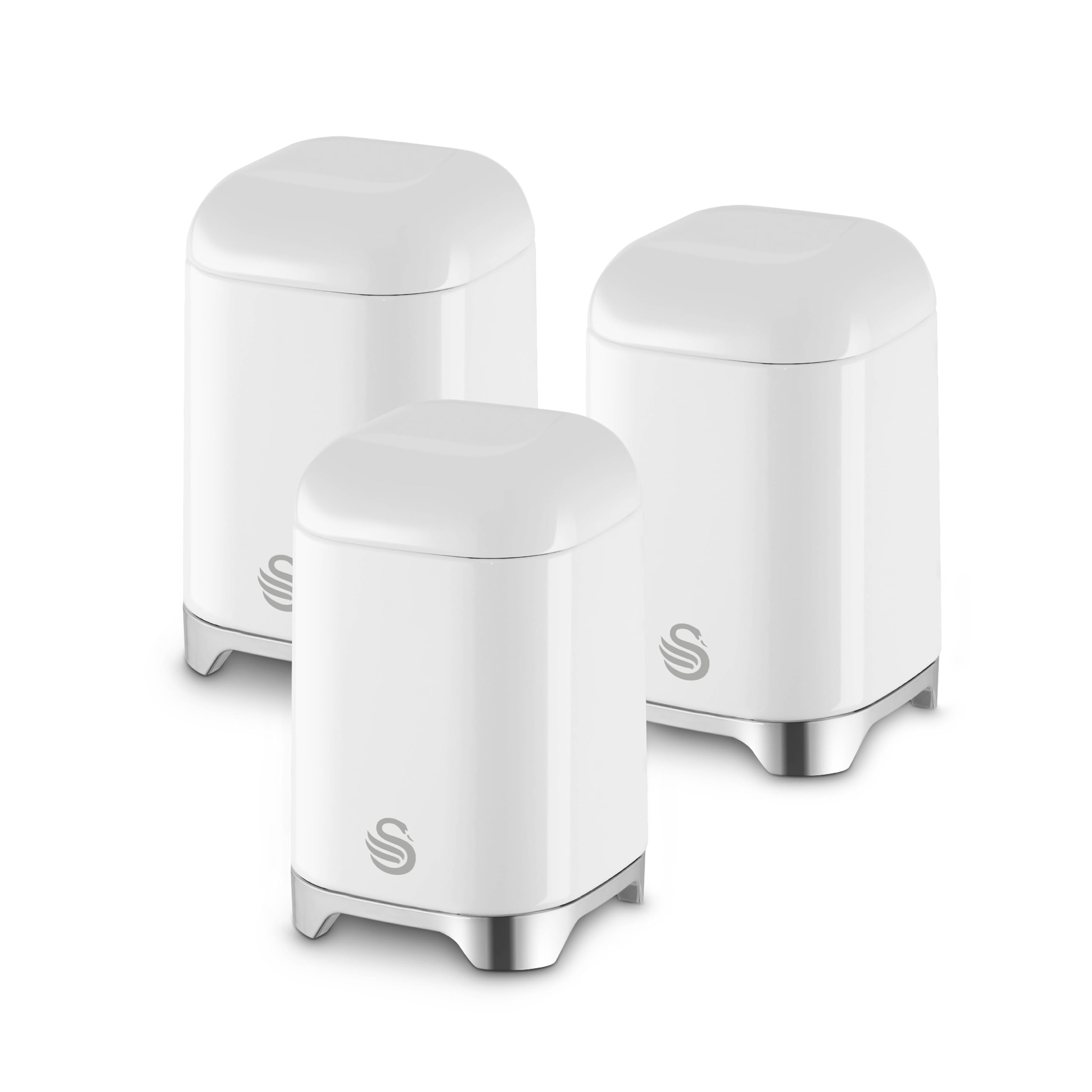 Swan Solace Set of 3 Canisters for Tea, Coffee and Sugar, Durable Iron Body Wipes Clean and Resists Scuffs, Each Canister is 1.5L, White, SWKA18541WHT