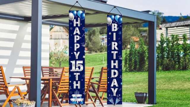 Happy 15th Birthday Türbanner & Veranda-Schild In Blau & Silber – Fertiges Dekoset Für Die Geburtstagsparty