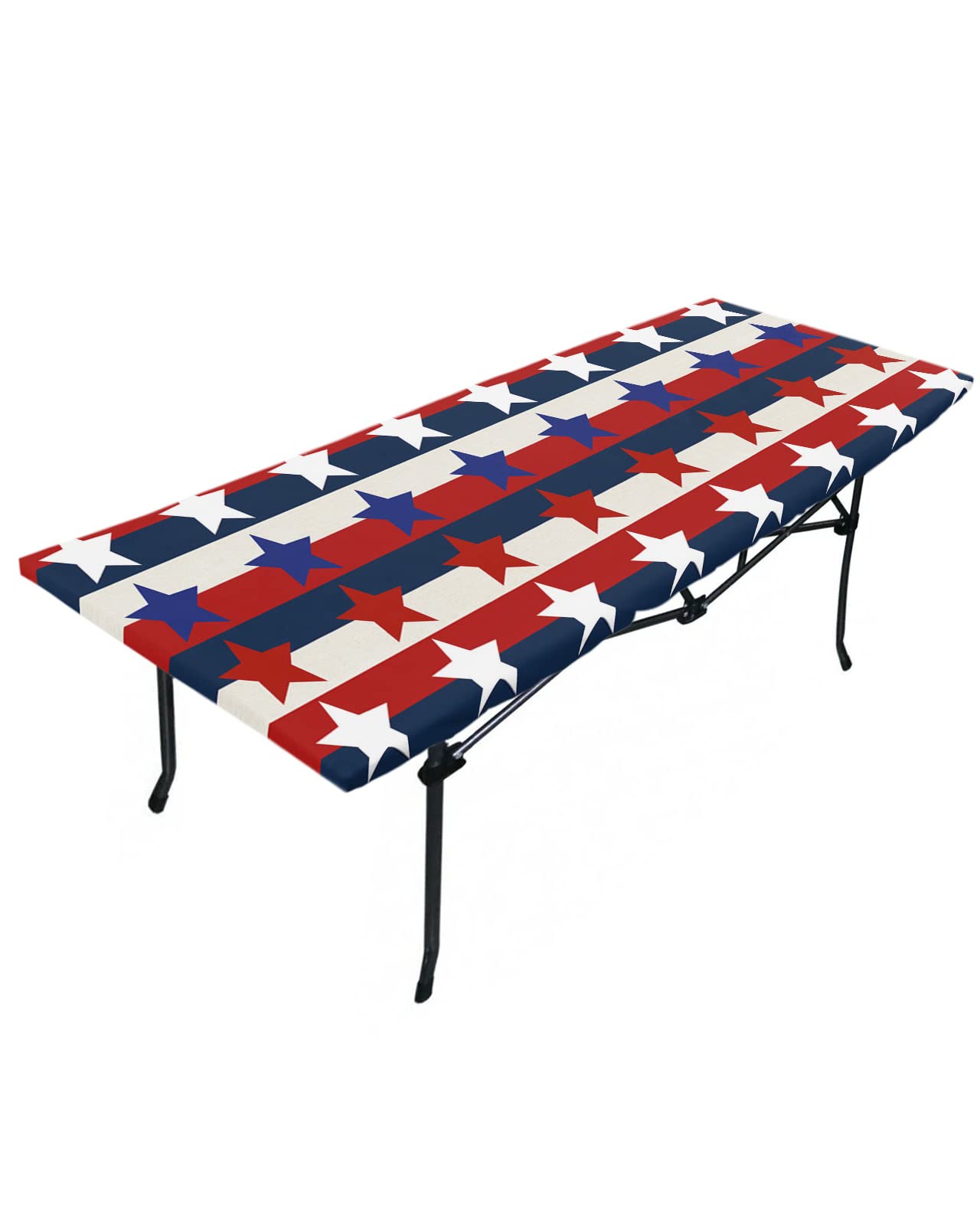 4th of July Fitted Table Covers for 8 Foot Tables, Patriot Independence Day Blue Red White Stripes Star Elastic Table Cover Rectangle 32