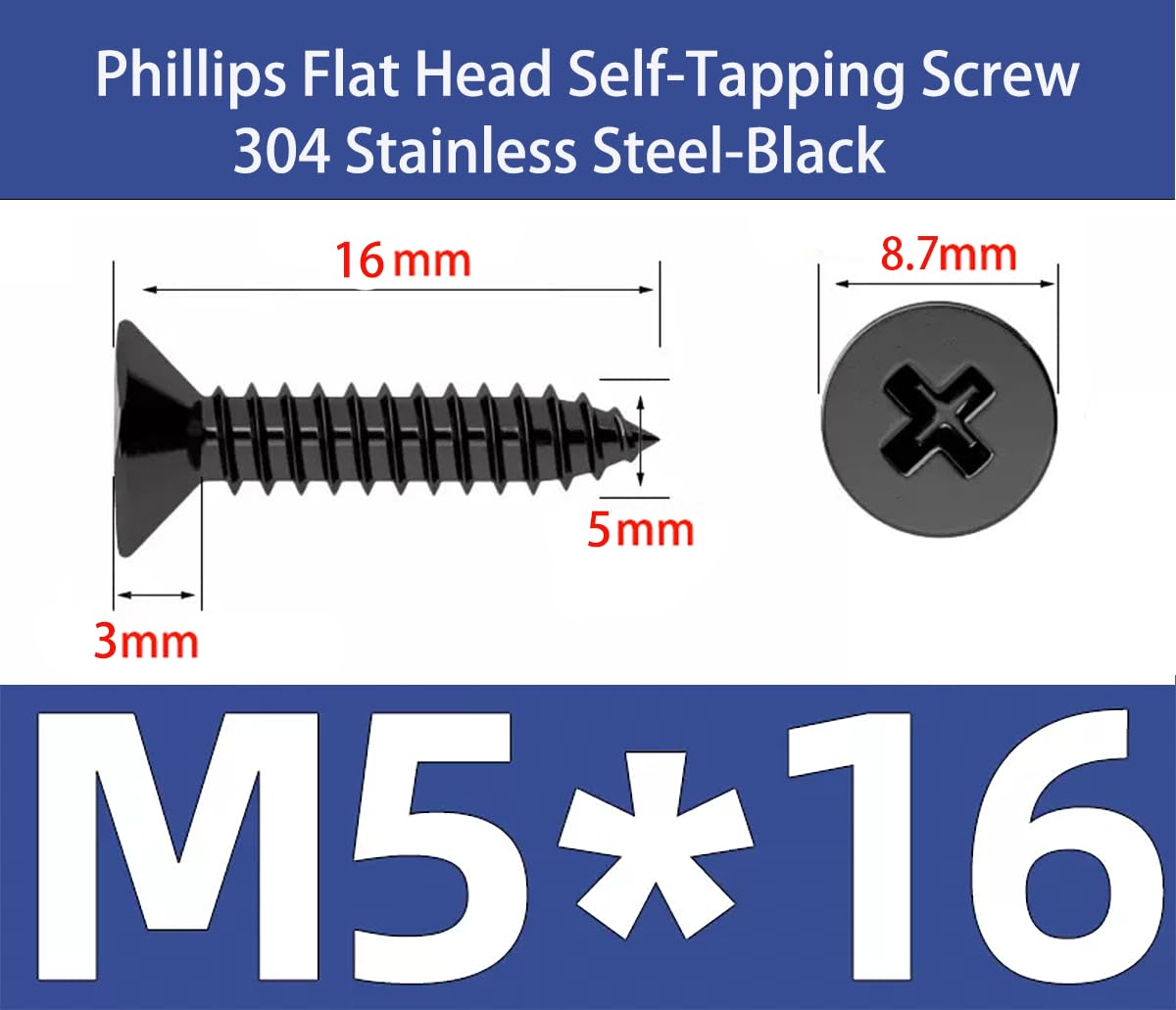 EBAIJQUO M5x16mm Phillips Flat Head Wood Screws Black Xylan Coated 304 Stainless Steel Self-Tapping Screws Full Thread for Wood/Sheet-Metal/Plasterboard(100pcs) - Image 2