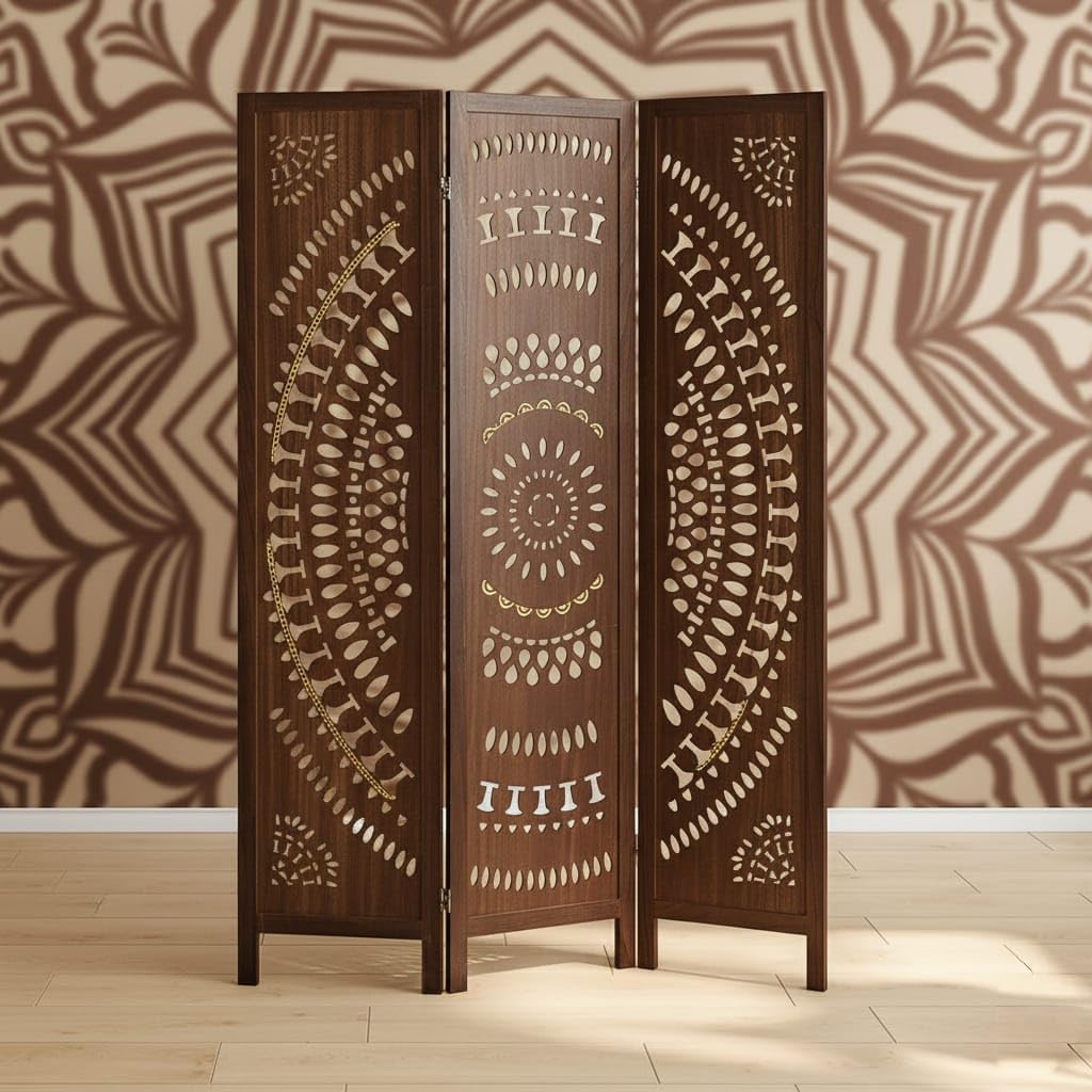 Woom Divider Partition – Versatile Privacy Screen for Living Room Room Divider (6 Feet 3 Panels Round Design) for Living Room/Bedroom/Office/Restaurant (Brown Deco)-image-34