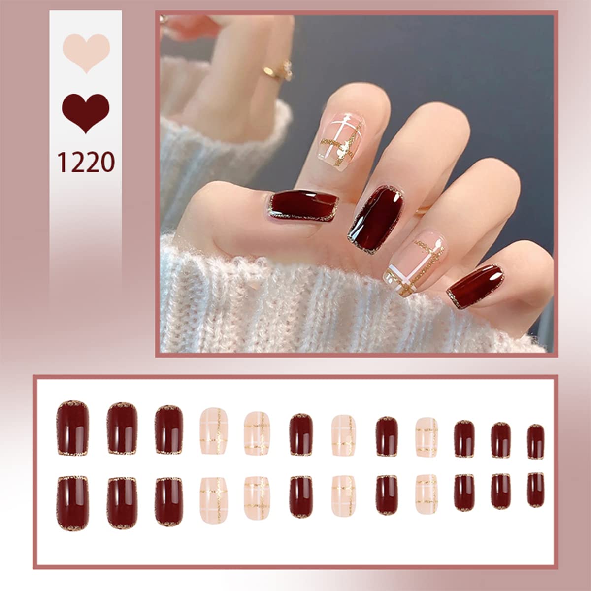 HXDSUP Artificial Nails, False Nails, Acrylic Press Nails for Sticking, 24 Pieces for Women and Girls (a) (Long Island Iced Camellia) - Image 3