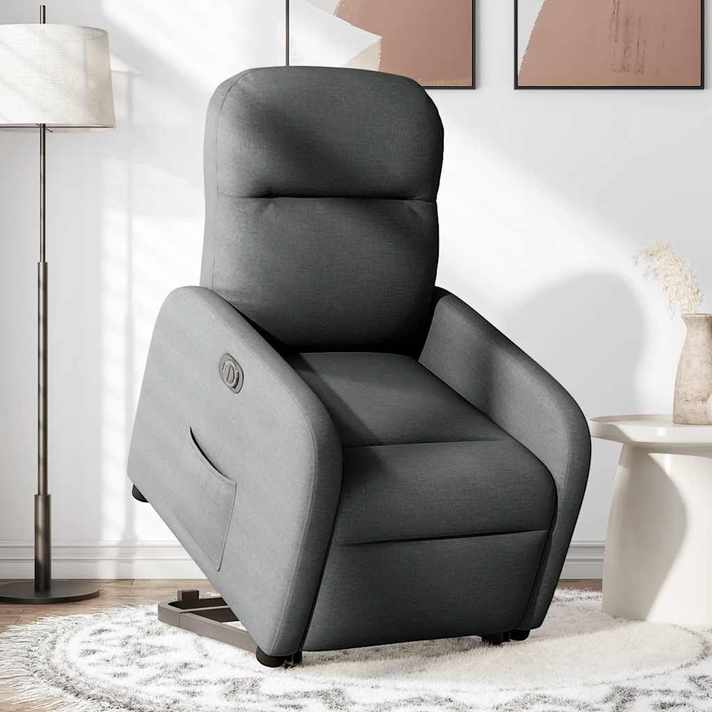 Sillón elevador reclinable eléctrico gris oscuro tejido con motor para elevación e inclinación 135 grados, estructura estable y bolsillo lateral, asiento acolchado