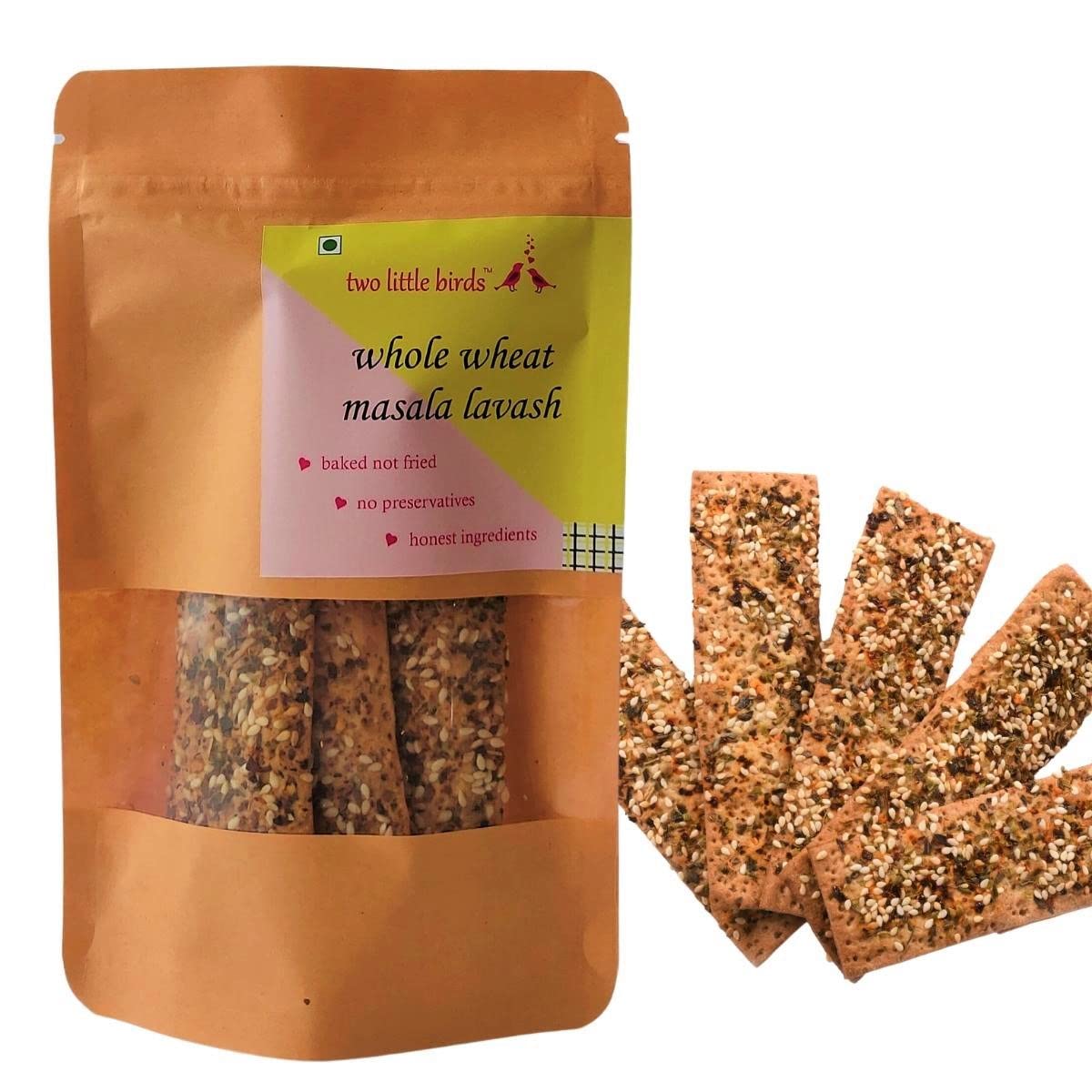 two little birds | Whole Wheat Masala Lavash | 100% Whole-wheat | Handcrafted Eggless Flatbread | Freshly Baked with Premium Ingredients| Healthy Crunchy Snacks | 120 Gram (Pack of 1)