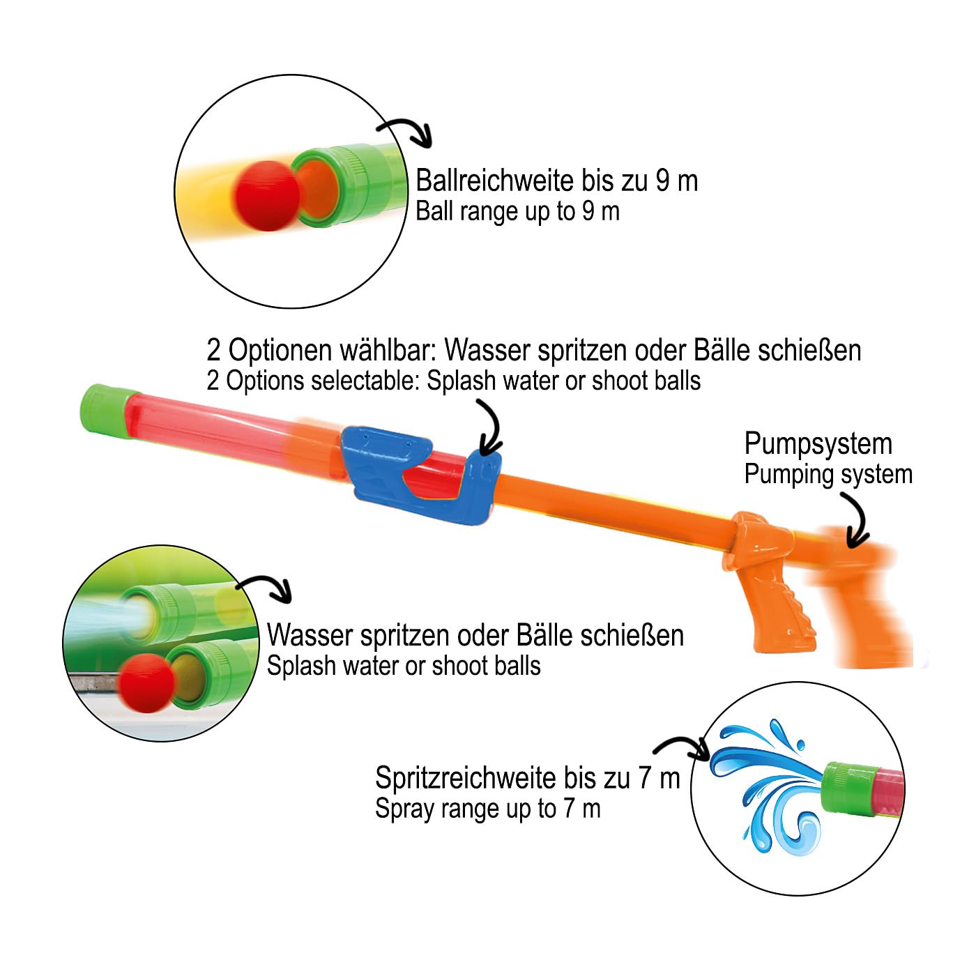 Jamara 460312 pomarańczowy 460312-Mc Fizz Fizzy pistolet 2 w 1 z miękką, tryskającą wodą, piłkami do strzelania