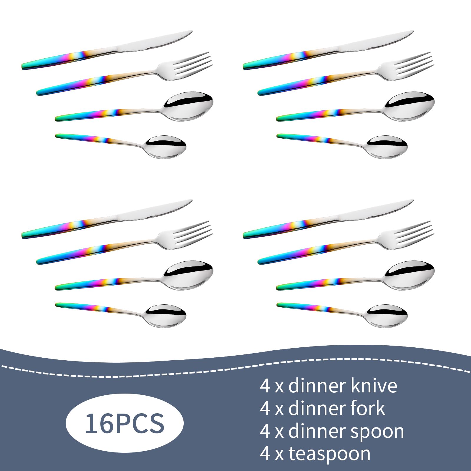 Buyer Star 16-teiliges Regenbogen-Besteckset aus Edelstahl, schillernder Griff, Löffel, Messer und Gabel Sets für 4, elegantes Besteck-Set, Geschirr für den Alltag und spülmaschinenfest