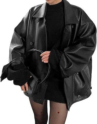 Womens winter vintage brown Artificial leather jacket, loose suit collar leather jacket, Y2K casual jacket