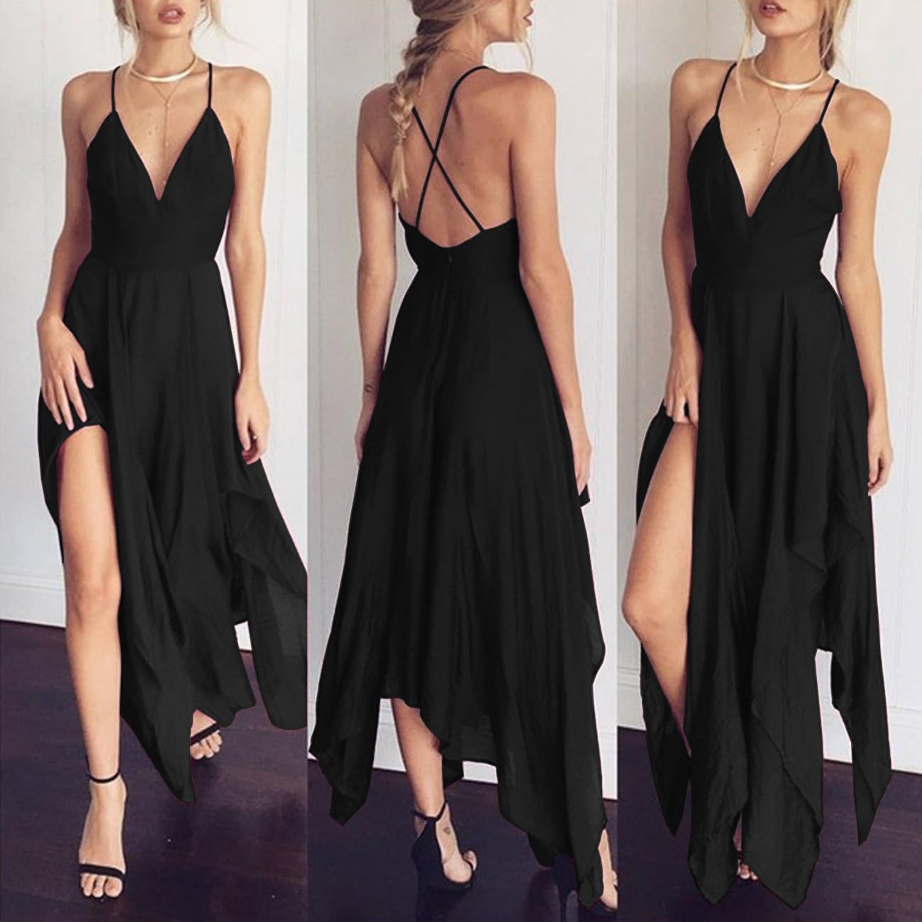 Vestito Donna Eleganti Senza Maniche Scollo a V Bodycon Senza Schienale Vestito Estivo Spaghetti Strap Aderente Vestito con Spacco da Cocktail Festa Party