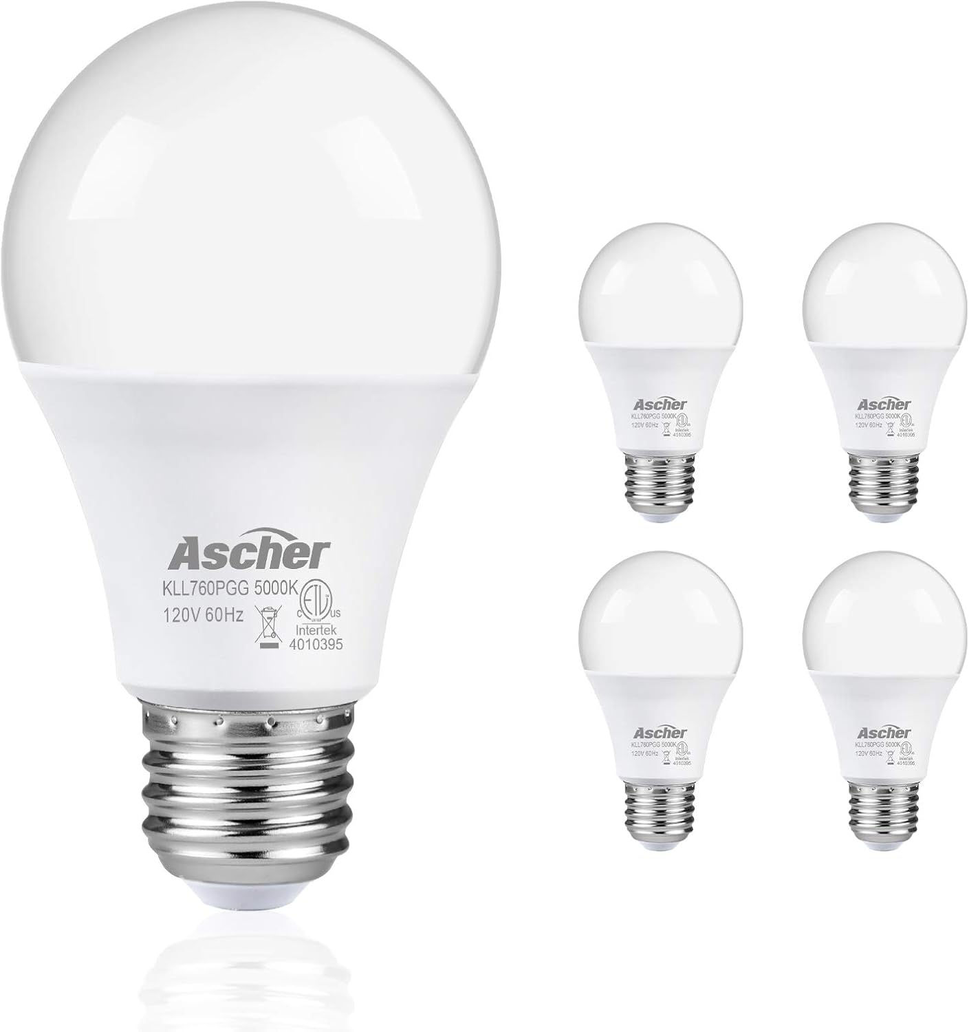 Ascher Dusk to Dawn A19 LED Bulb Sensor Light Bulbs Automatic On/Off, 60 Watt Equivalent, Daylight White 5000K, Smart LED Indoor/Outdoor Security Lighting Bulbs, E26 Base, Pack of 4
