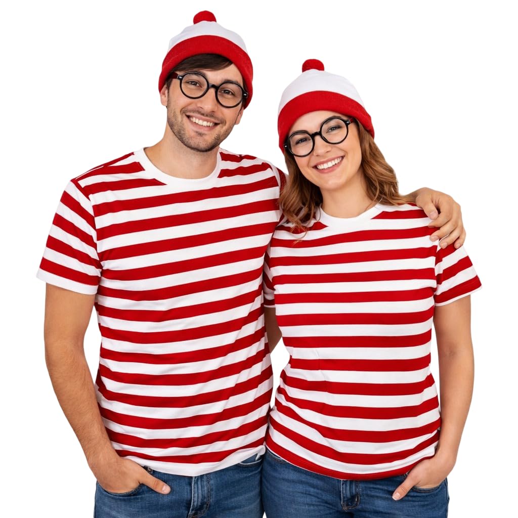 Golomak® Mens Red and White Stripe T-Shirt Hat Glasses Set - Adult 3 Pcs Book Week Fancy Dress Costume Outfit (Large)