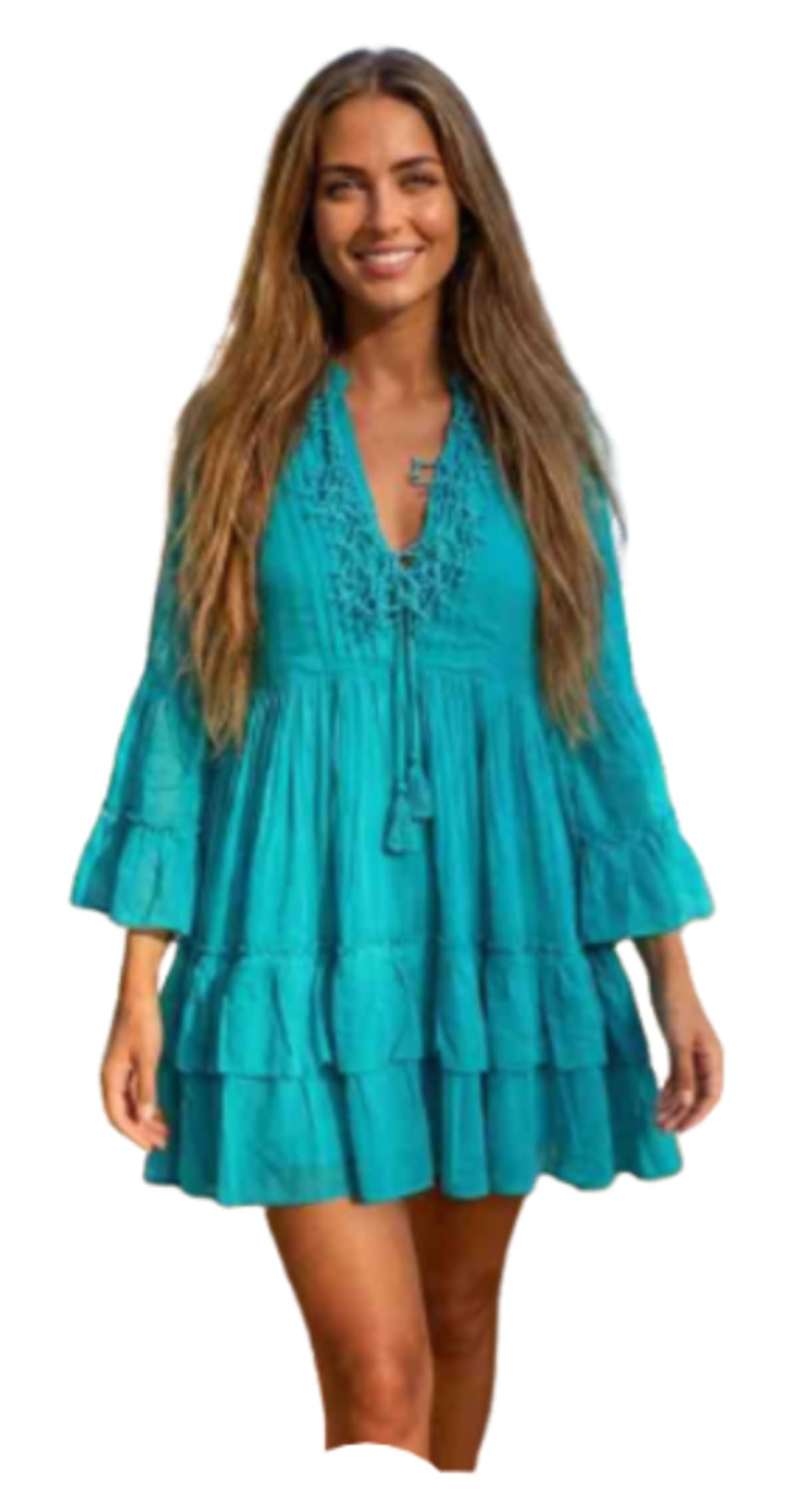 Antica Sartoria - Vestido Corto Mujer Muselina de Algodón Estilo Ibiza Bohemio con Mangas 3/4, Diseño y Abertura Delantera Mediterráneo Elegante y Femenino