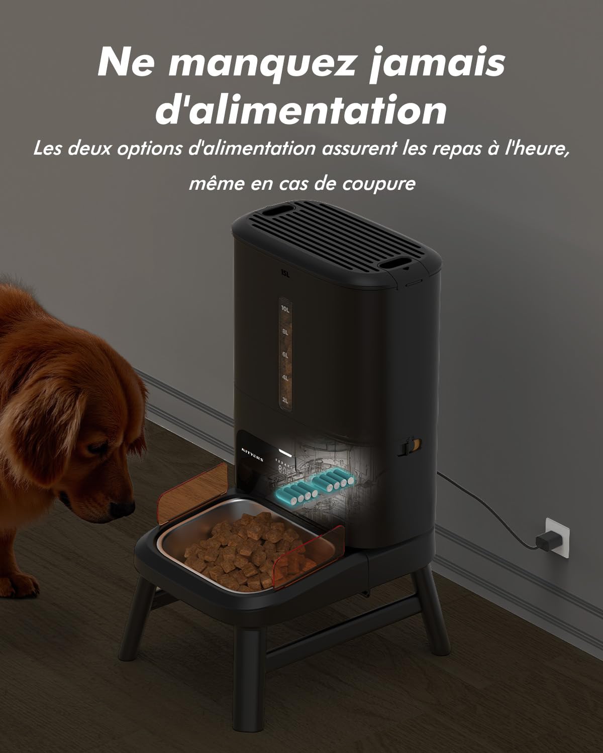 Distributeur Croquettes Chien Automatique, 15L Grande Capacité | Croquettes Jusqu'à 18mm, Support Réglable en 2 Hauteurs, Alerte Niveau Bas, pour Chien de Grande Taille et Chats Multiples