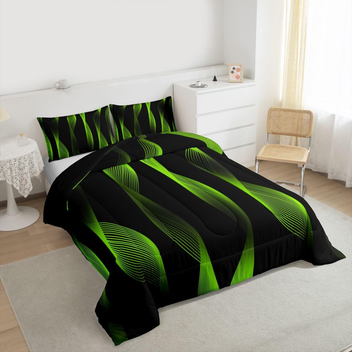 Striped Comforter Twin, Geometric Stripes Bedding Comforter Sets For Kids Boys Girls Teens Adult, Ombre Gradient Lines Quilt Green Black Modern Abstract Art Duvet Insert (1 Comforter, 1 Pillowcase)