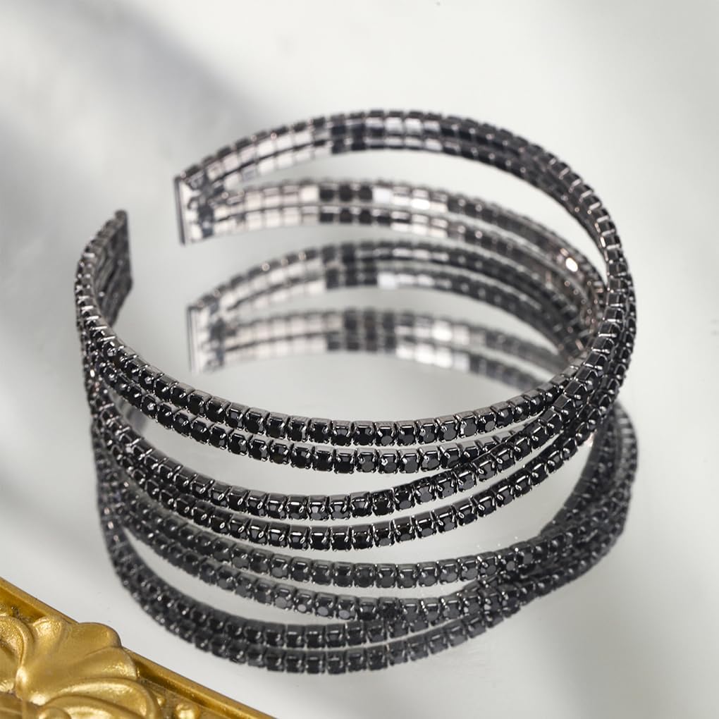 FUTIMELY Chunky Rhinestone Open Cuff Bracelets,Glittering Layered Cubic Zirconia Bangle,Aesthetic Black Crystal Geometric Bracelets for Party Prom Wedding - Image 3