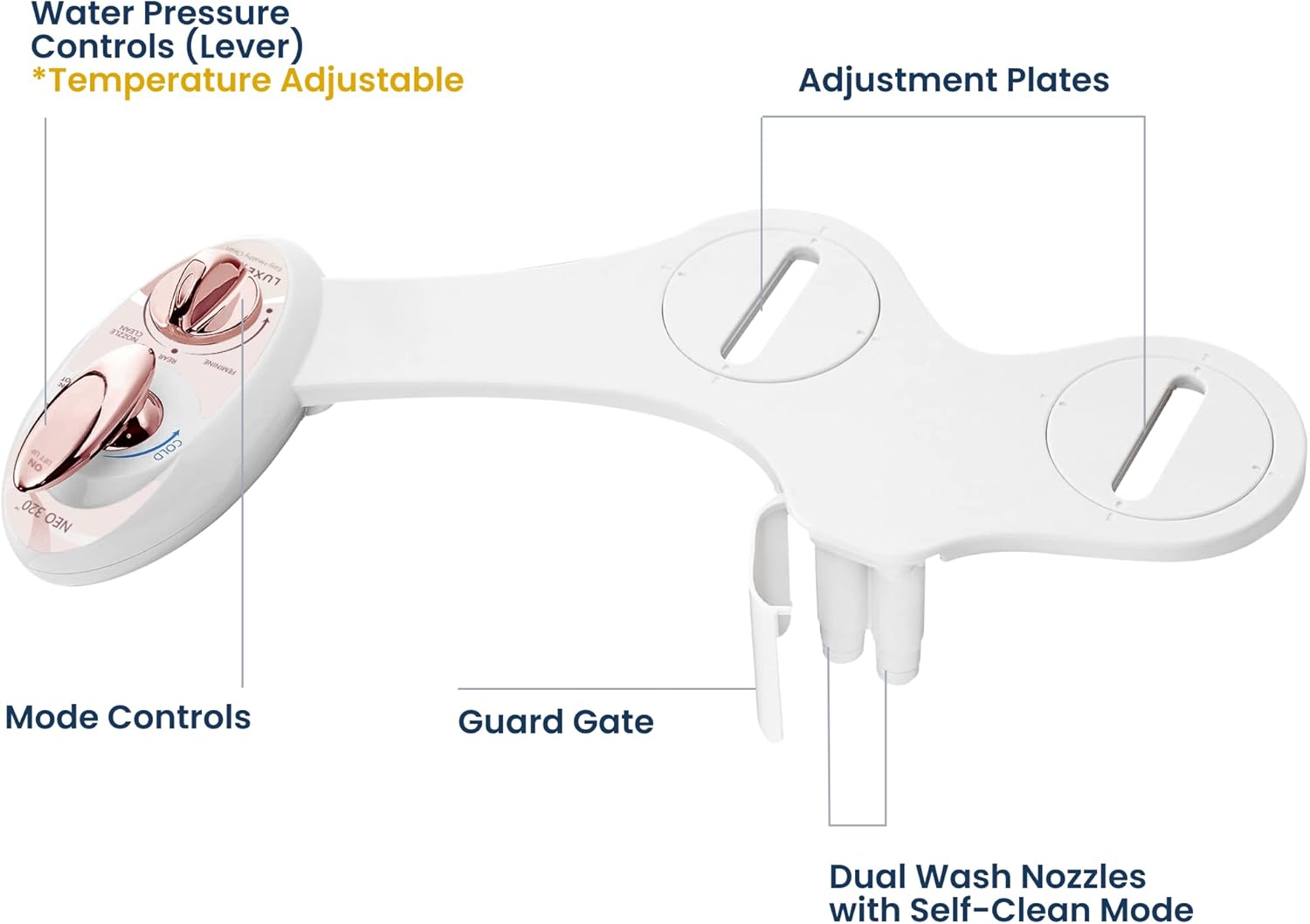 LUXE Bidet NEO 320 - Value Pack of 2 - Hot and Cold Water, Self-Cleaning, Dual Nozzle, Non-Electric Bidet Attachments for Toilet Seat (Rose Gold & White)