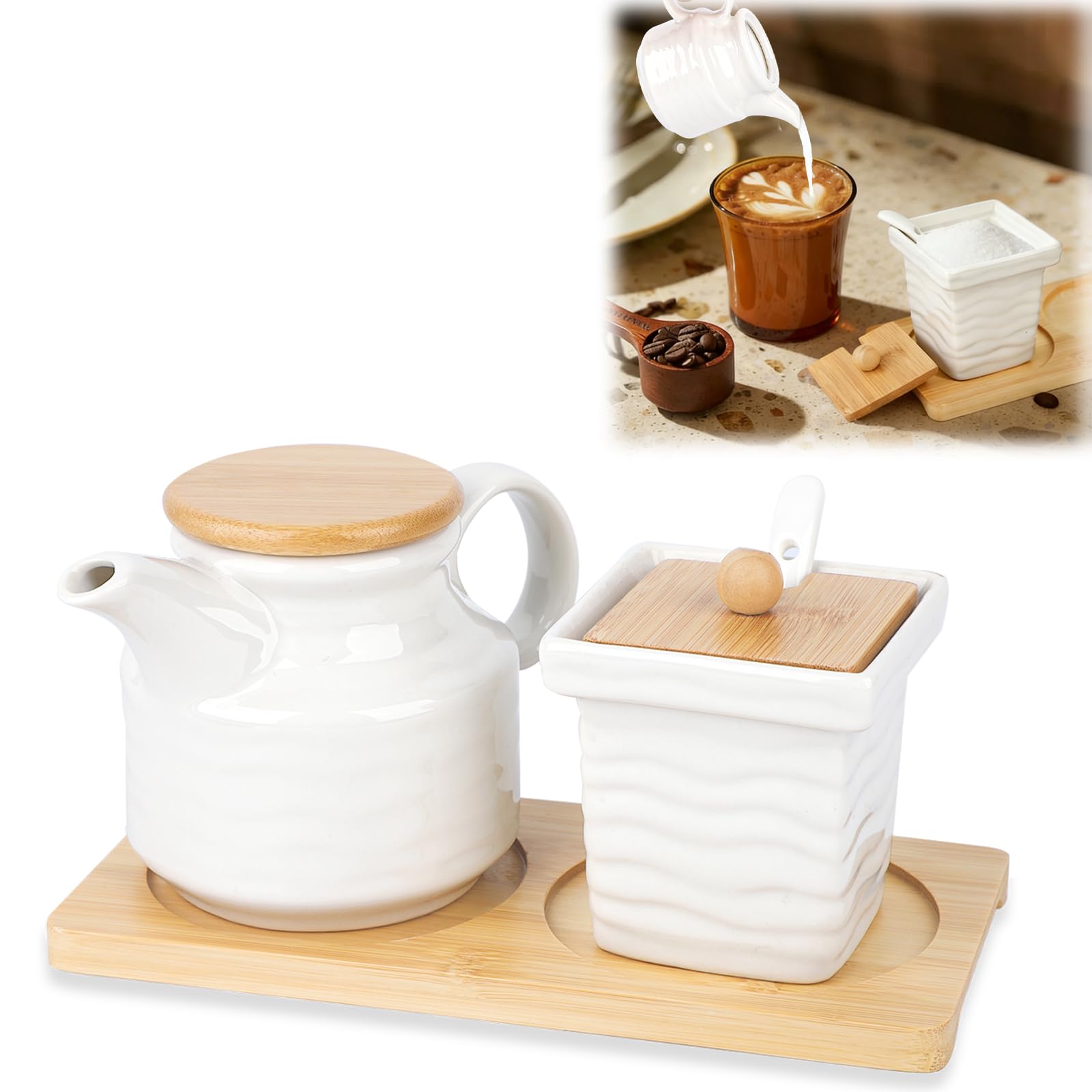 Set di lattiera e zuccheriera in ceramica con coperchio, set di contenitori per zucchero e lattiera con vassoio per colazione, tè o intrattenere gli ospiti