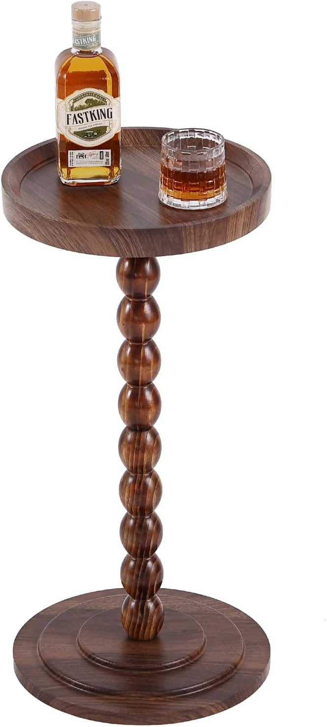 Small Drink Table, Round Drink Side Tables for Small Spaces, Wood Martini Table for Bedside and Sofa Couch, Pedestal Cocktail Coffee End Table for Living Room, Bedroom, Corners (Walnut)