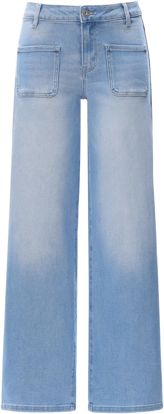 ONESO Mid-Low Rise Baggy Jeans Wide Leg for Women Distressed Pants Stretchy Bottom Lady Basic Comfortable Denim