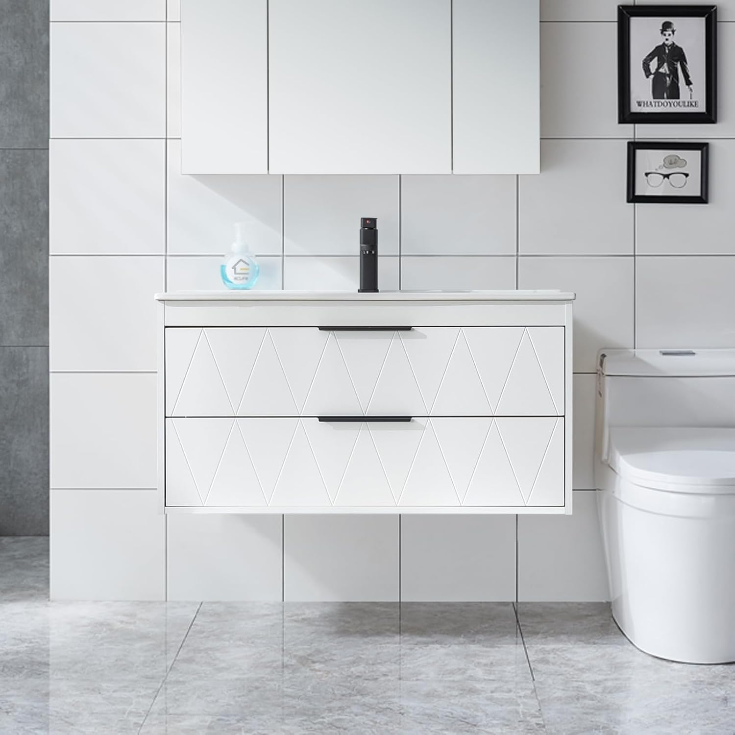 eclife 36" Bathroom Vanities Cabinet with Sink Combo, Wall Mounted Floating Cabinet W/Decor Line, Soft-Close System, 2 Extra Big Drawers, Matte Black Faucet, White