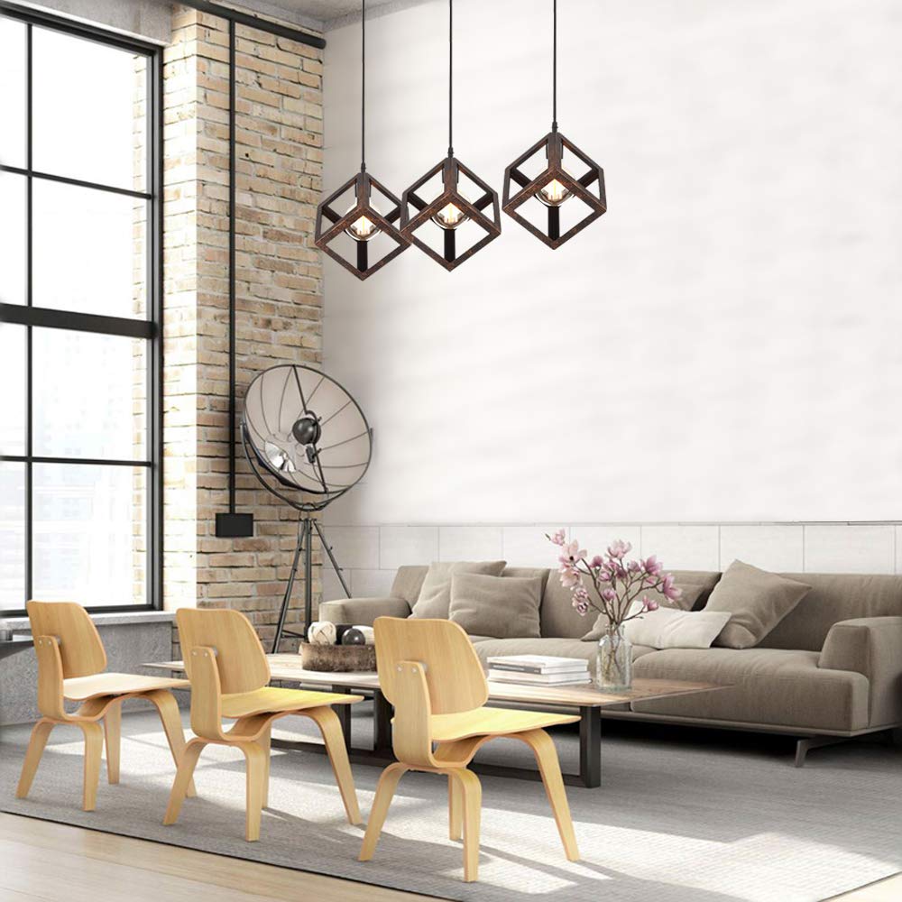 Lampadario A Sospensione A 3 Luci | Design Cubo Geometrico Vintage | Nero, Base 50cm, Per Soggiorno/camera