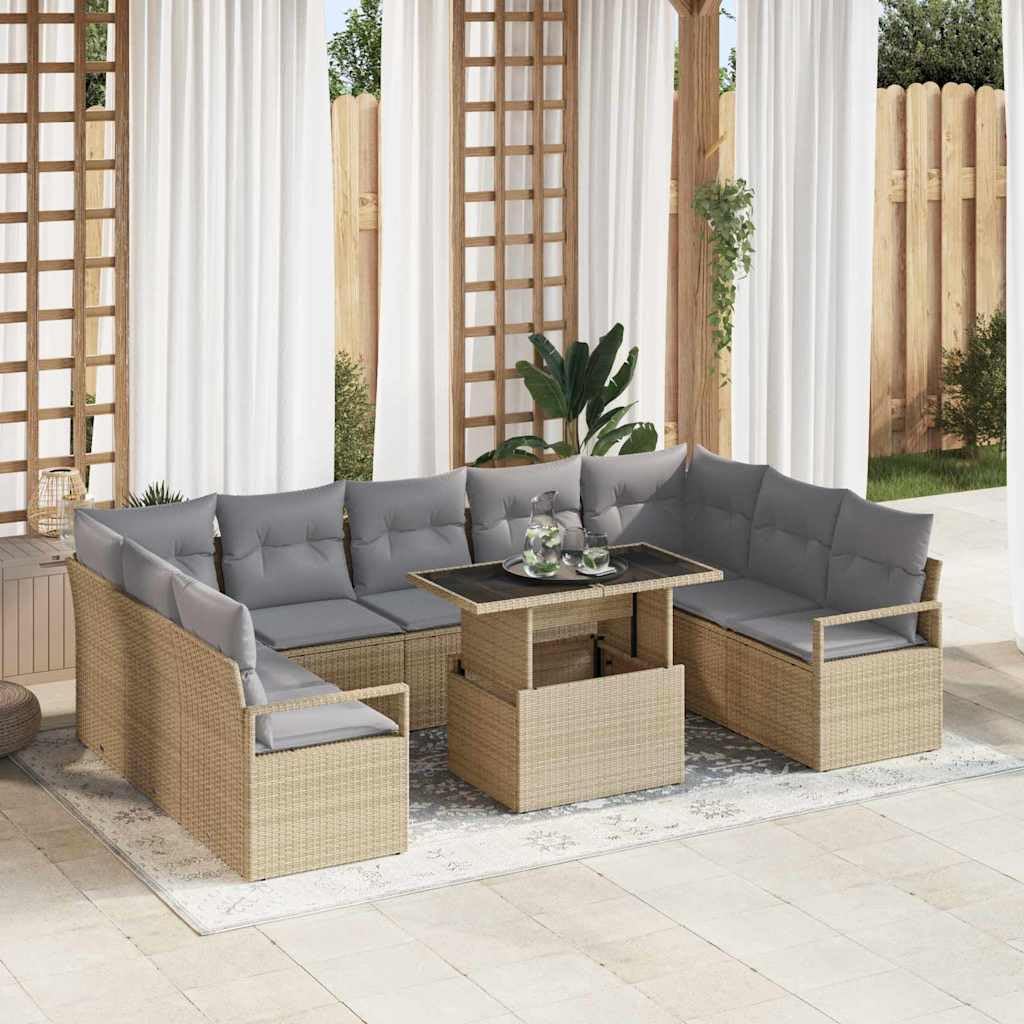 Set di divani da giardino, 10 pezzi, in polyrattan, beige, grigio