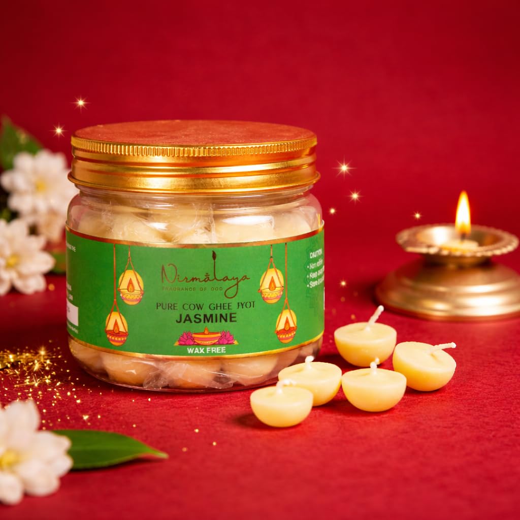 Nirmalaya Premium Pure Cow Ghee Jyot for Pooja Diya with Batti | 30 Min Burn Time | Rich Aroma | Ideal for Puja, Aarti, Festive, Home Fragrance | Ready to Use | Pack of 50 Battis (with Jasmine)-picture-10