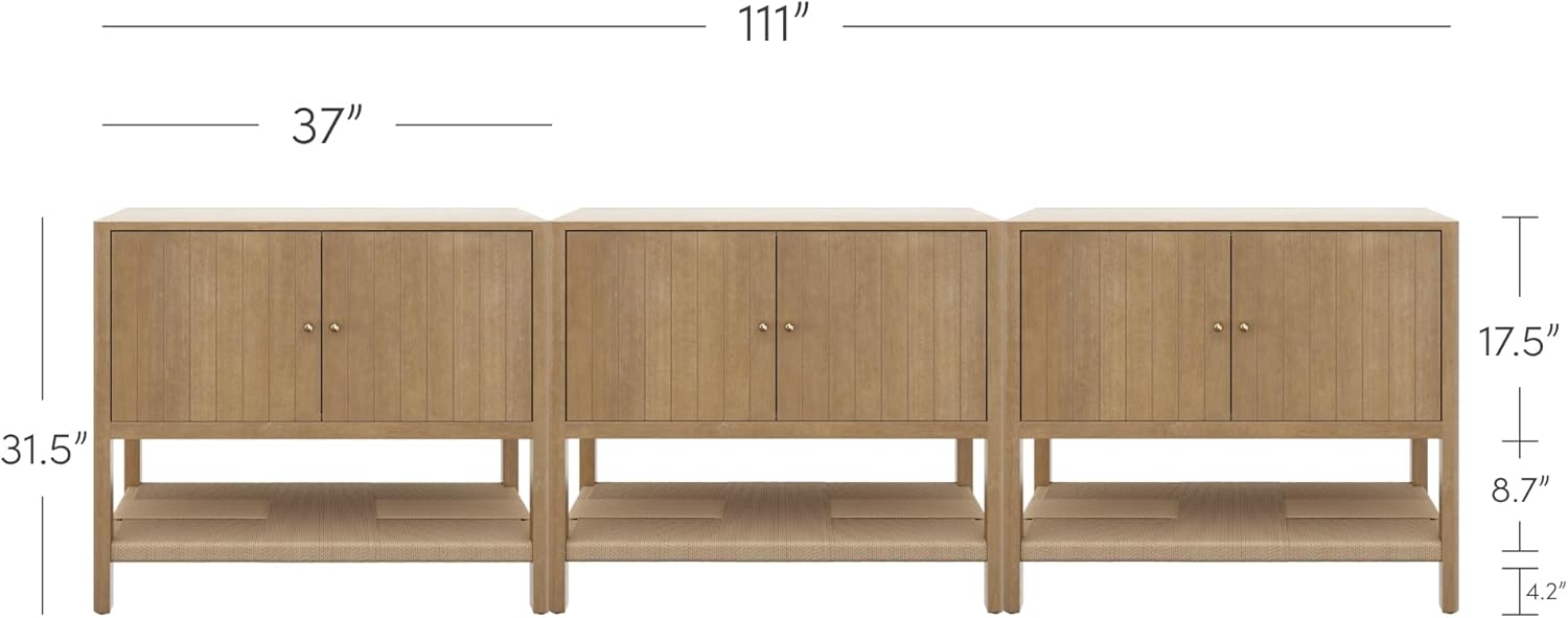 Nathan James Meads Mid Century Modern Cabinet or TV Stand with Doors, Solid Wood Kitchen Cabinet with Adjustable Interior Shelf and Seagrass Bottom Storage, Light Brown Set of 3