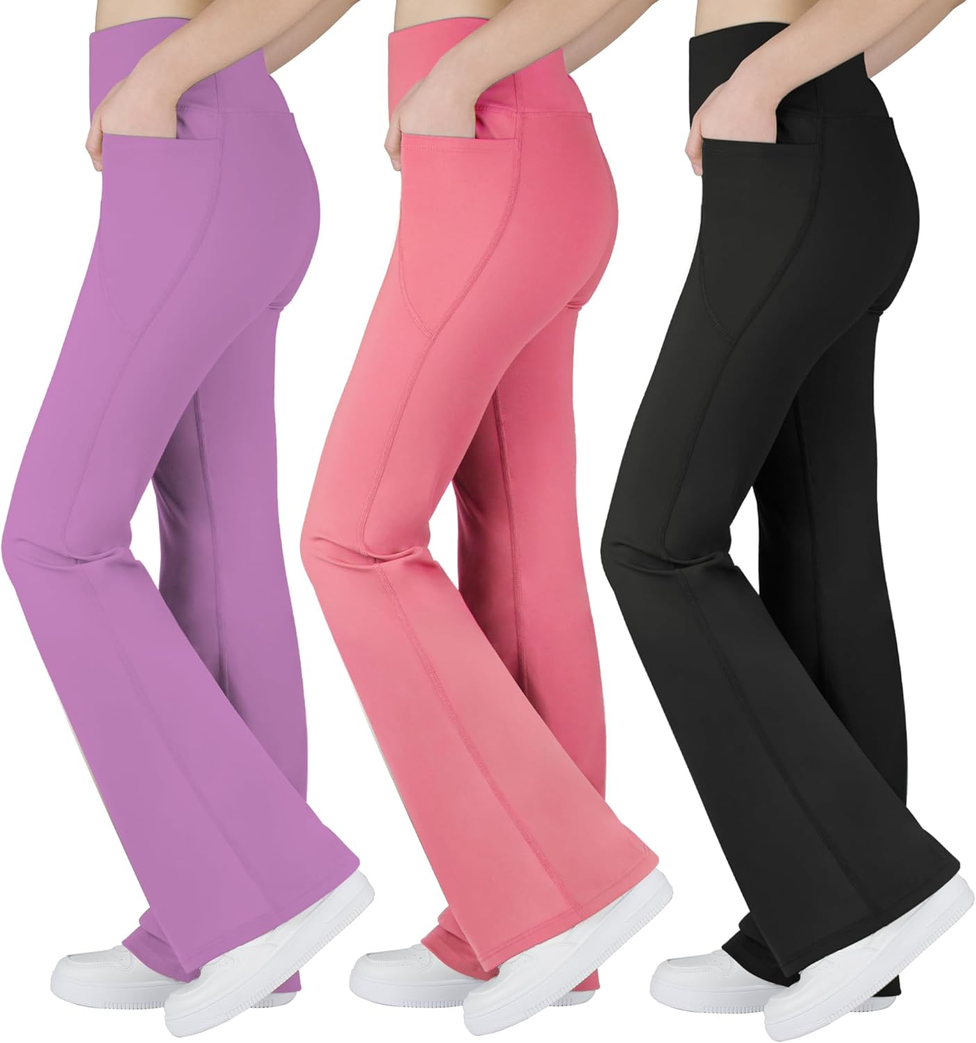 BIG ELEPHANT Girl's Flare Leggings with Pockets, Kids Bootcut Yoga Pants, High Waisted Bell Bottoms for Dance