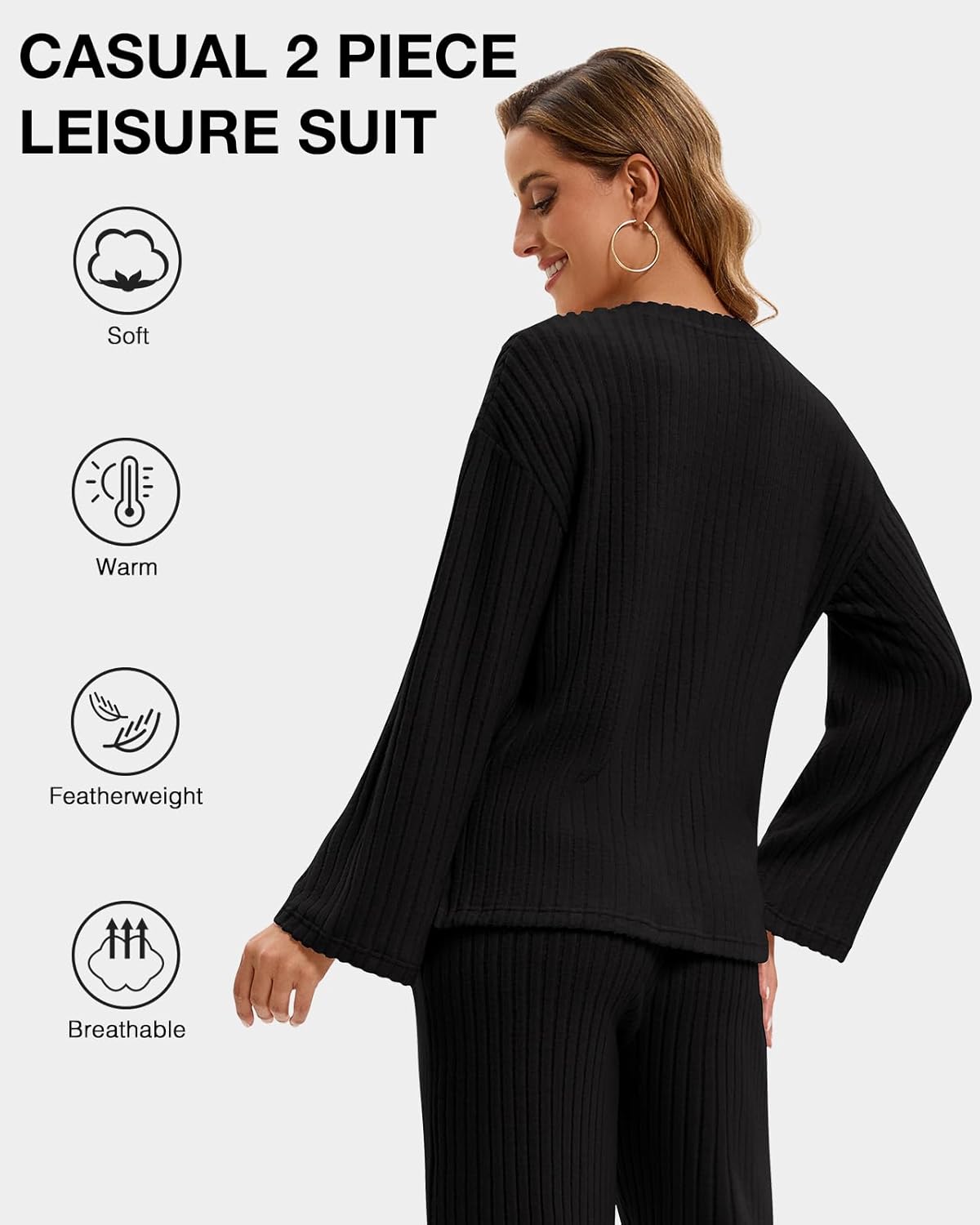 Lounge Sets for Women 2 Piece Ribbed Knit V Neck Long Sleeve Wide Leg Pants Loungewear Pajamas Fall Winter Outfits - Image 6