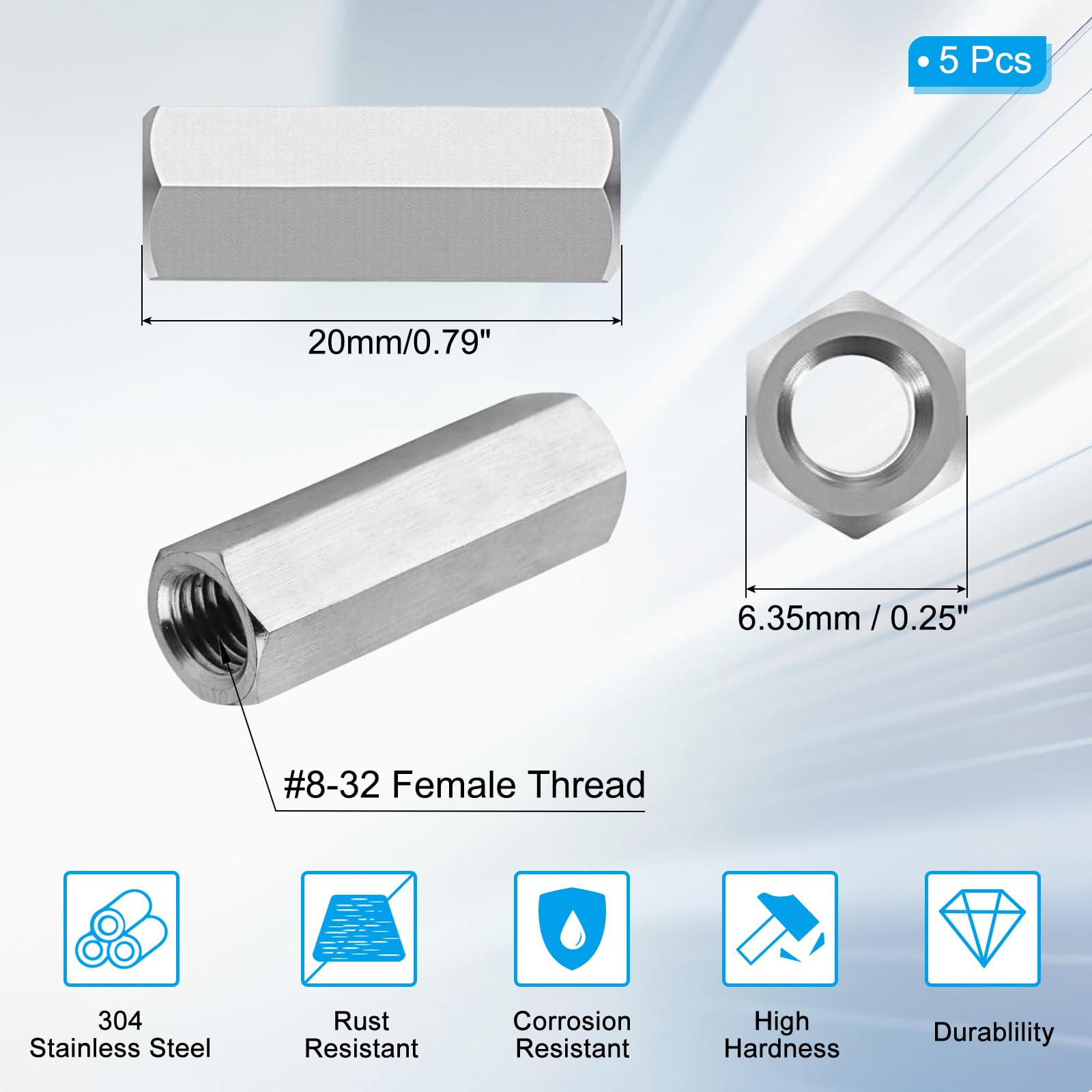 PATIKIL 8#-32 UNC 304 Stainless Steel Hex Coupling Nuts - Image 2