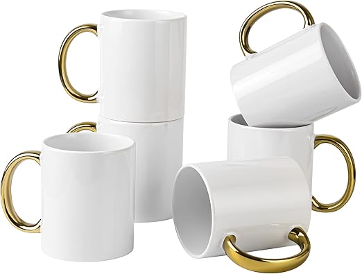 12 oz Set of 6 White Mugs Sublimation Blank Mugs DIY Coated Ceramic Mugs for Coffee Tea, latte, Cappuccino Cocoa or DIY Gifts White/Gold