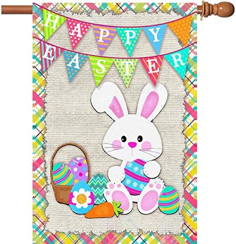 Surfapans Happy Easter Bunny House Flag 28x40 Inch Double Sided Outside Burlap Easter Rabbit Eggs Outdoor Large Yard Flags Porch Home Holiday Decoration