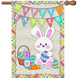 Surfapans Happy Easter Bunny House Flag 28x40 Inch Double Sided Outside Burlap Easter Rabbit Eggs Ou