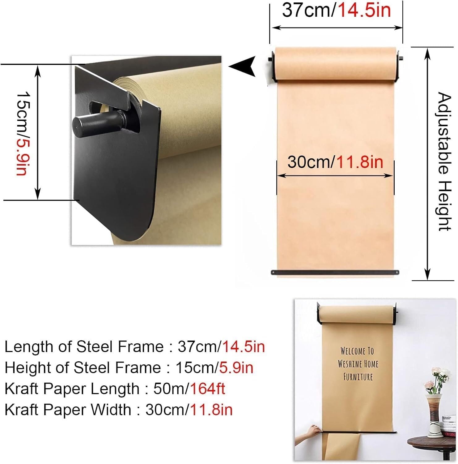 Naścienny uchwyt i nóż do papieru typu kraft – czarno-biały uchwyt dozownika na rolki 36,8 cm i stylowy uchwyt na rolkę papieru do majsterkowania i użytku domowego