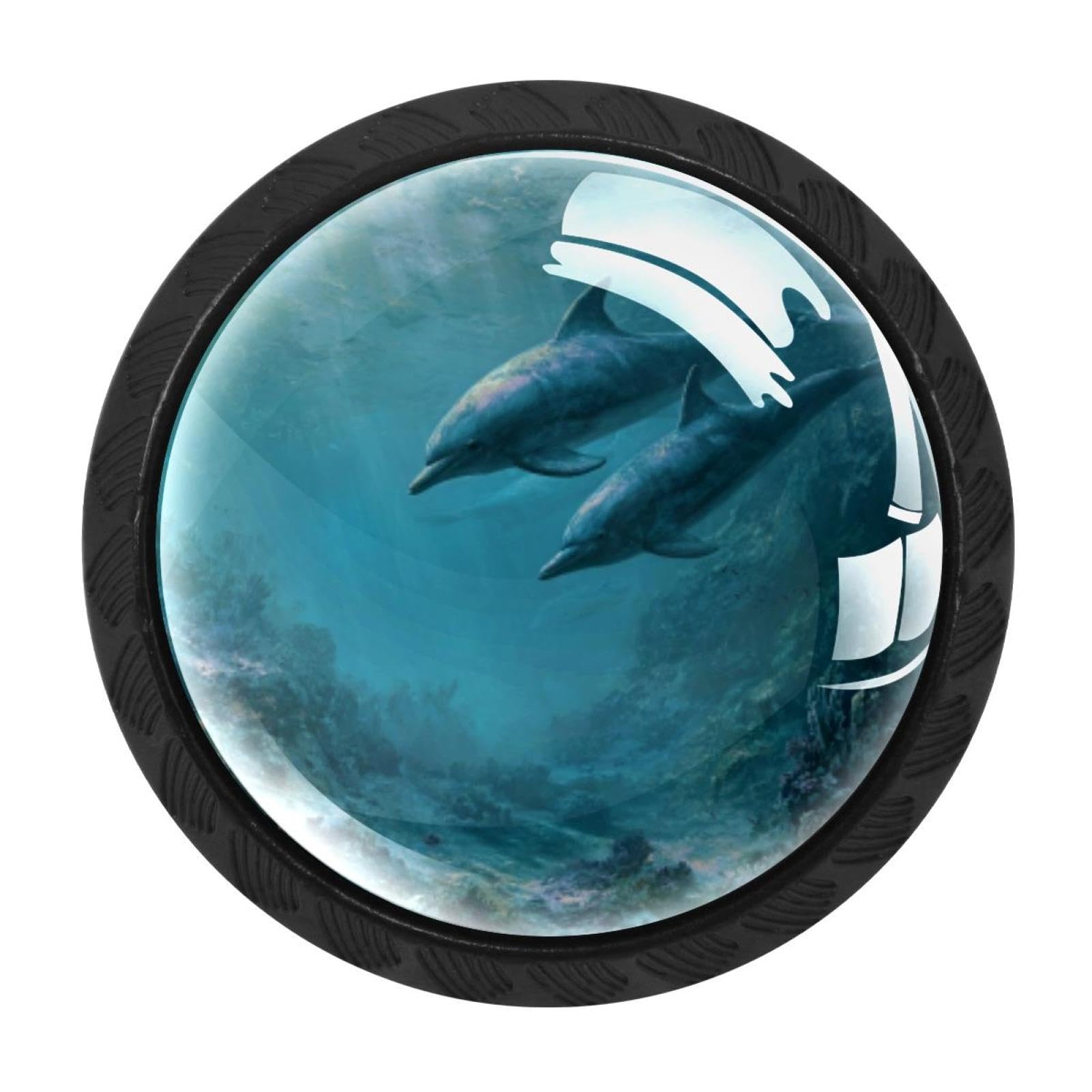 CHENZZZZ 4 Pieces Underwater Dolphins (2) Drawer Knobs, 35mm Black Cabinet Knobs, Drawer Pulls and Knobs, Dresser Drawer Knobs, Cabinet Hardware Kitchen Cabinet Knobs