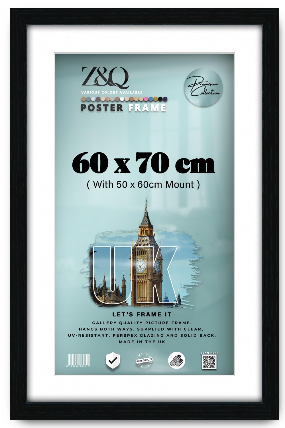 Z&Q - Classic MDF Wood (60 x 70 cm) Poster/Picture Frame with 60 x 50 cm White Mount Ideal for Art Display 28 x 24 Inch Frame for Wall Gallery Art and Room Décor [ Black ]