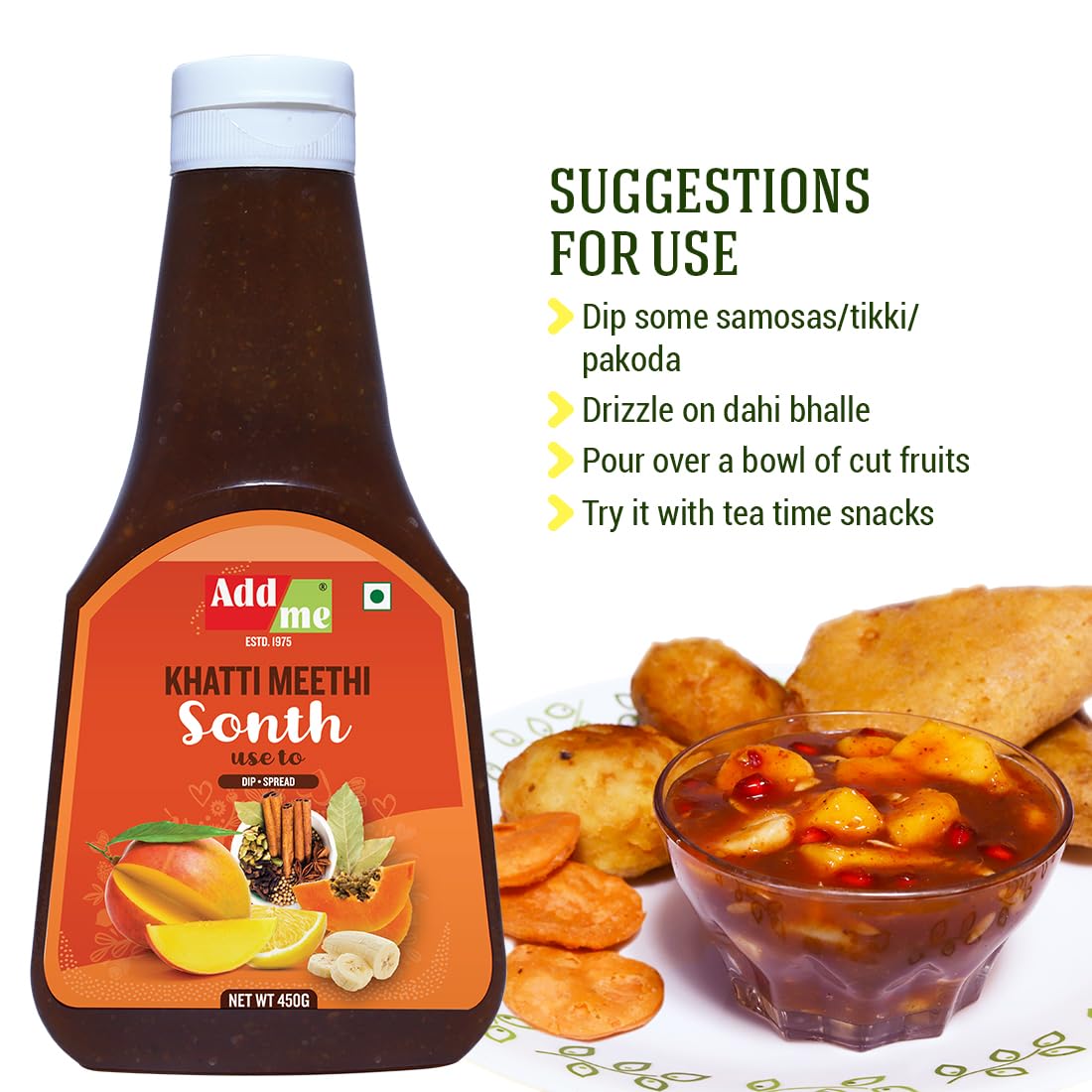 Add me Khatti Meethi Sonth Chutney 450gm Sweet Sauce and dips pani Puri Chatni for chaat | Tangy Sauce for Chaat, Pani Puri | bhel Sauce and chatni Pack of 2 2