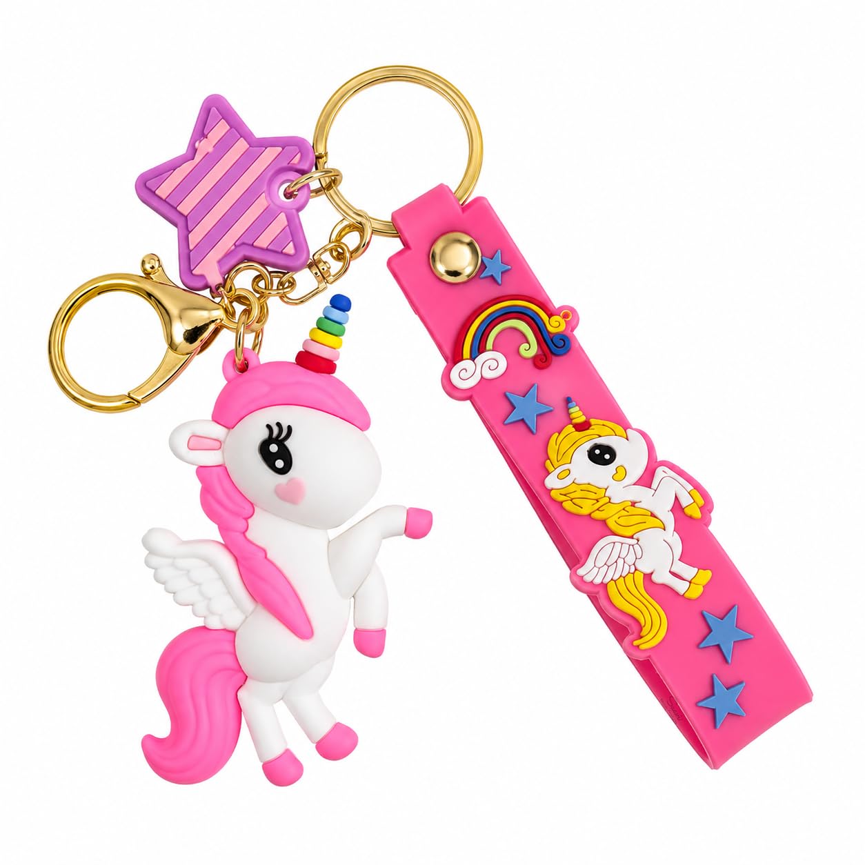 Unicorn Silicone Keychain for Girls & Kids, Cute Cartoon Winged Unicorn Key Ring with Soft Silicone Strap, Gold-Tone Metal Clasp & Star Charm, Bag Charm for Backpack, Handbag & Car Keys-image-13