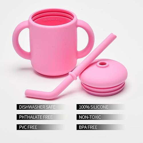 Miniatura 3 de Paquete de 2 tazas para beber 100% silicona para bebé, taza pequeña de entrenamiento de silicona con asas y popote para bebés y niños pequeños